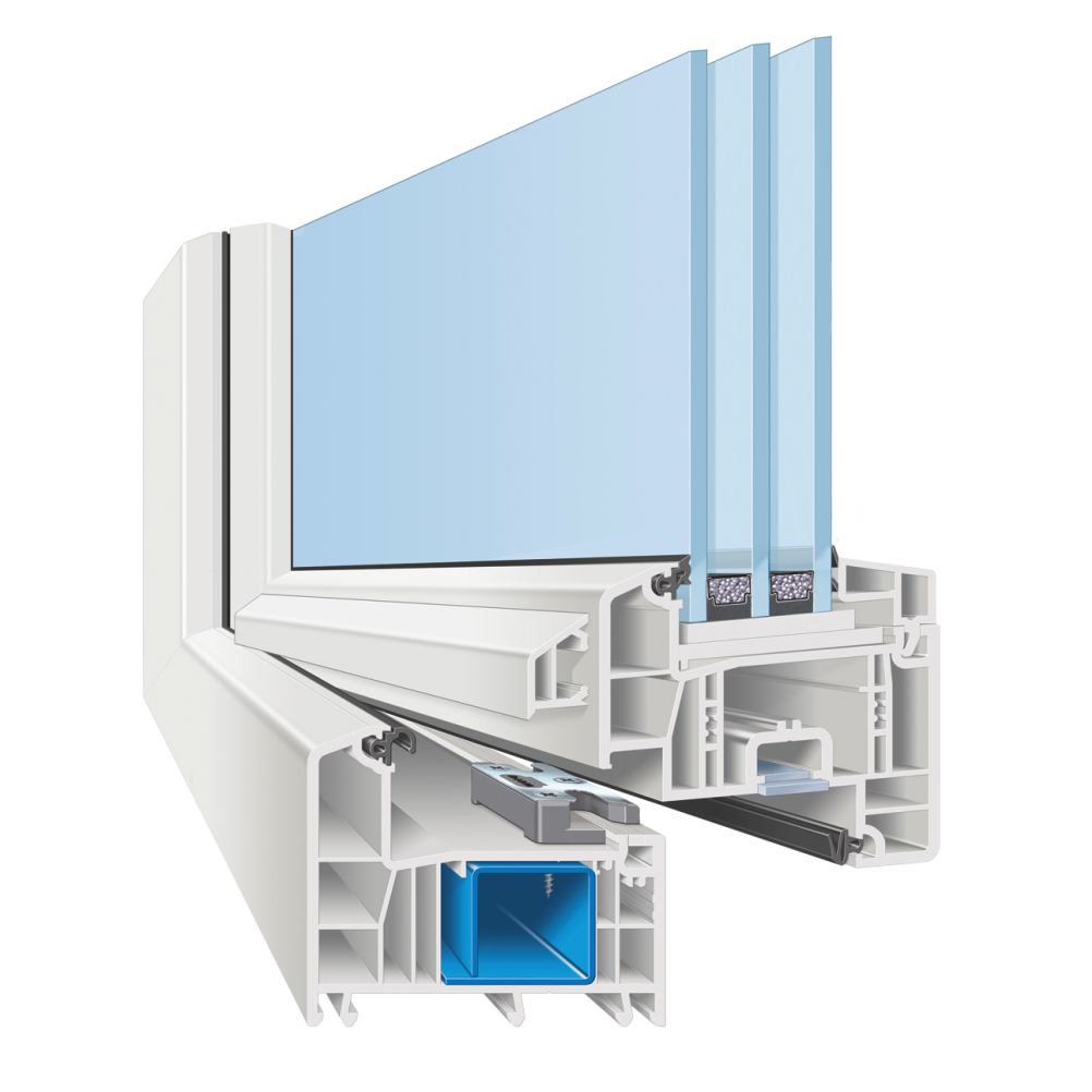 Der Profilschnitt des Kunststofffensters AFINO-tec von Weru zeigt den Fensterrahmen und den Fensterflügel im Querschnitt. Es ist ein 6-Kammer-Fenstersystem zu sehen. Im Rahmen ist eine Stahlverstärkung verbaut, der Flügel besteht aus Glasfaserkunststoff und benötigt daher keinen Stahl. Dadurch und durch die 3-fach Verglasung erzielt das Fenster die besten Wärmedämmwerte.