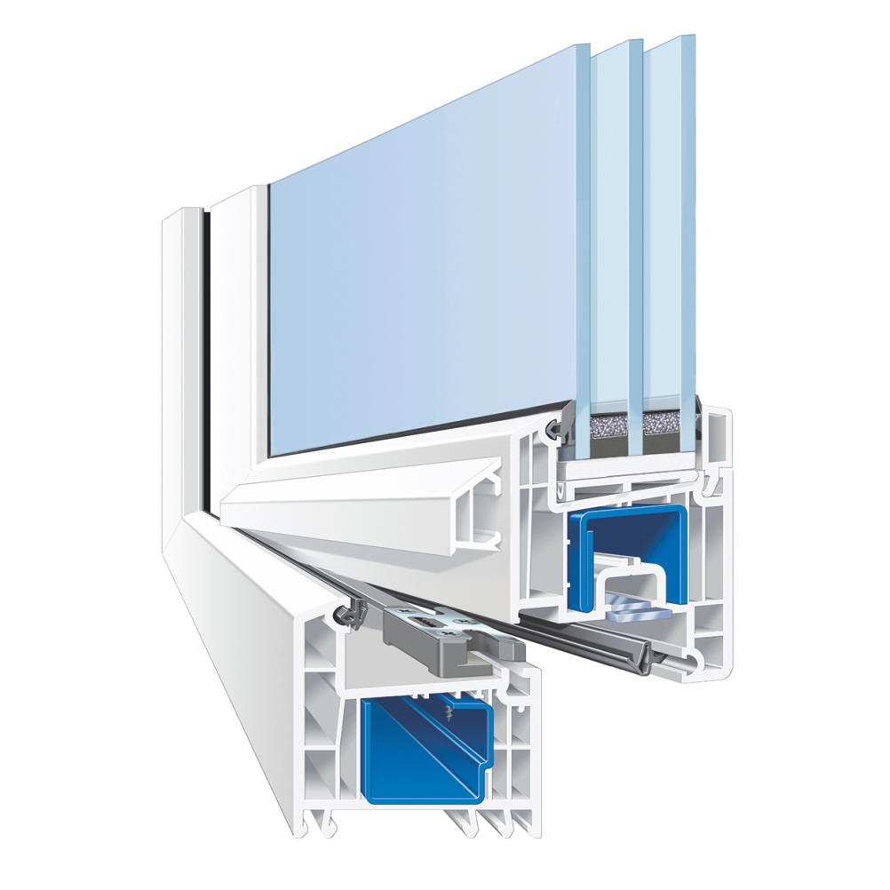 Der Profilschnitt des Kunststofffensters Castello von Weru zeigt den Fensterrahmen und den Fensterflügel im Querschnitt. Es ist ein 5-Kammer-Fenstersystem zu sehen. Im Rahmen und im Flügel ist eine Stahlverstärkung verbaut. Dieses System wird oft bei einer 2-fach Verglasung gewählt. Aufgrund der 70 mm Bautiefe wird es oft im Altbau und bei engen Einbausituationen verwendet.