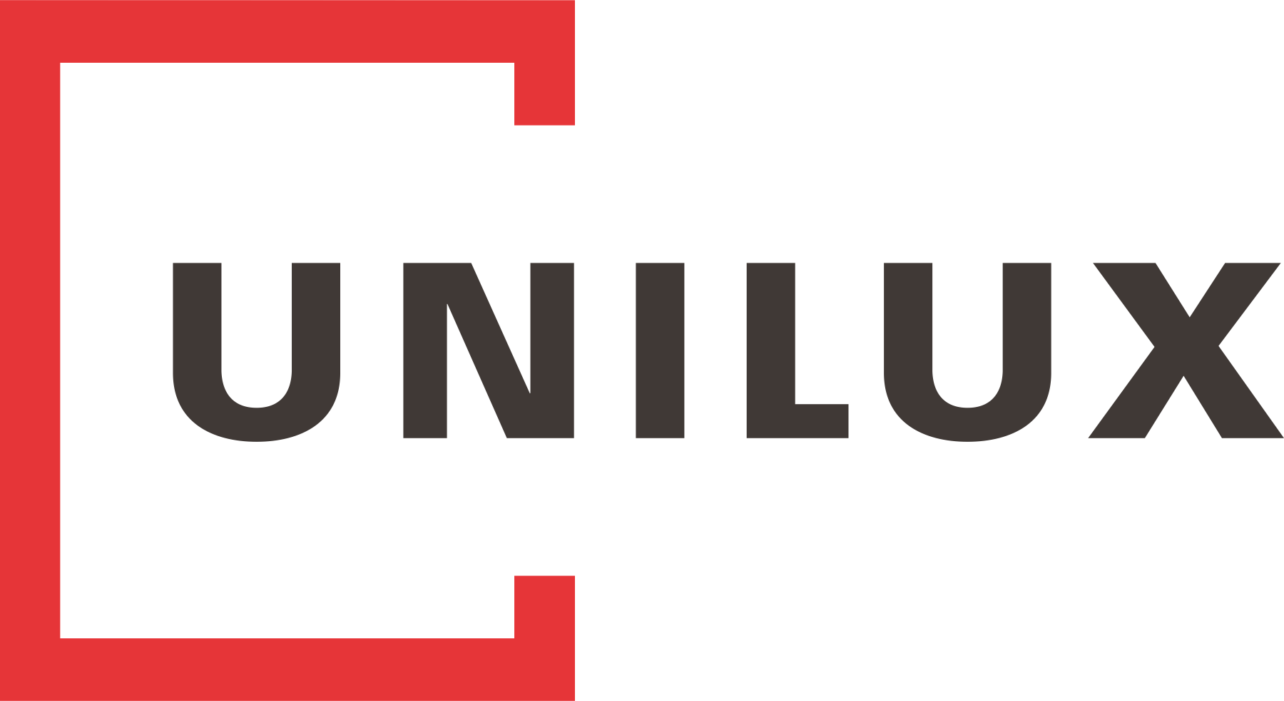 Das Unilux Logo in schwarzer Schrift und rotem Quadrat als Fenster angedeutet. Unilux ist unser Lieferant für Holzfenster und Holz-Aluminium-Fenster. Wir sind Ihr Unilux Partner in Saarbrücken und Saarlouis.