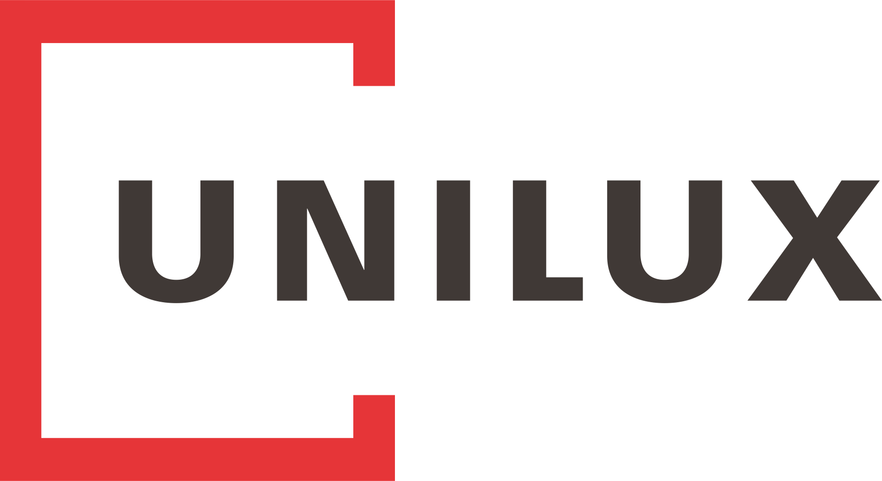 UNILUX - unser Lieferant für Holz-Haustueren und Holz-Aluminium-Haustueren Das Unilux Logo in schwarzer Schrift und rotem Quadrat als Fenster angedeutet.