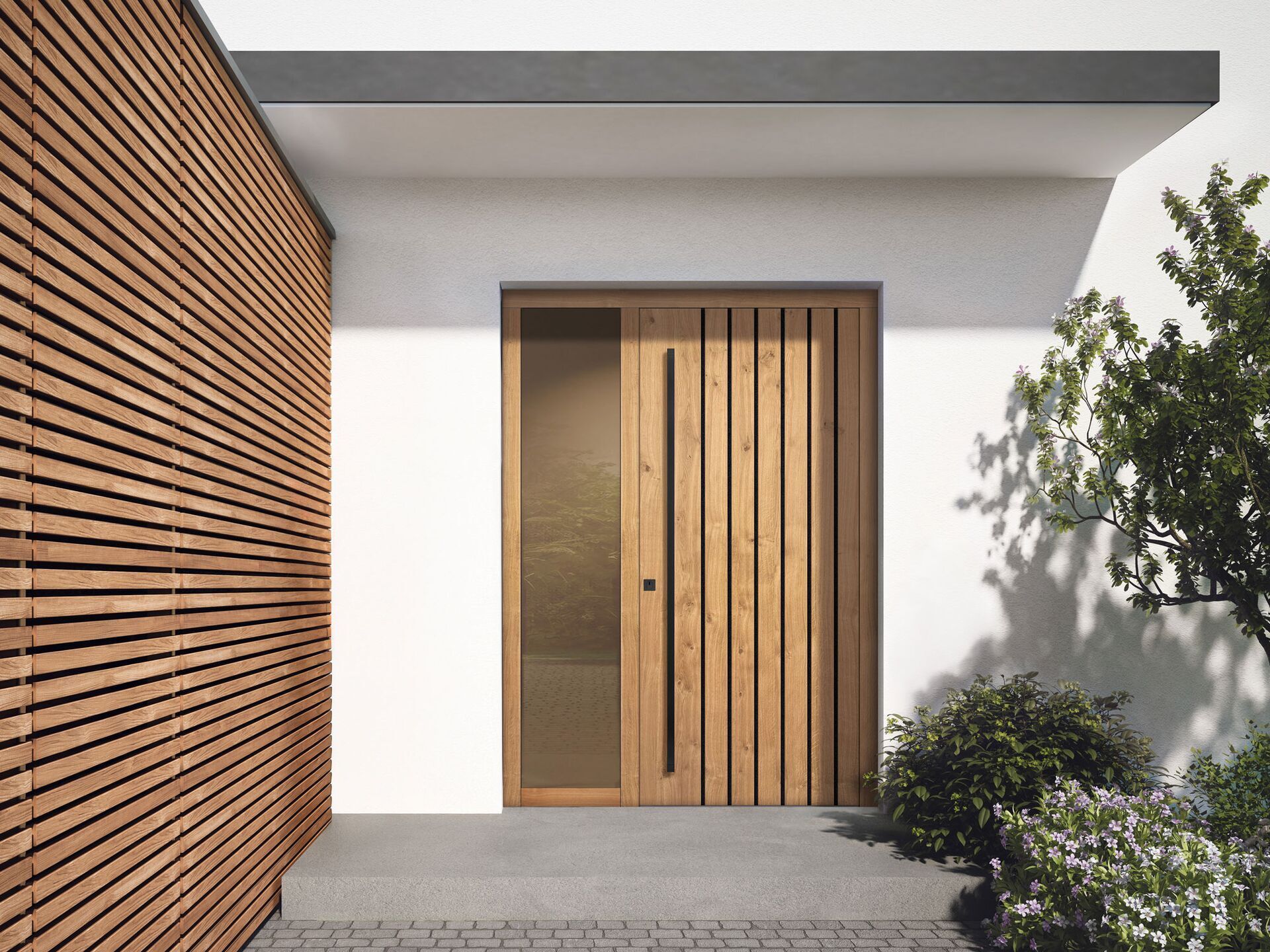 Grau lasierte Holz-Haustür mit 2 Seitenteilen und Edelstahl Trittschutz – elegantes Design mit modernen Akzenten.