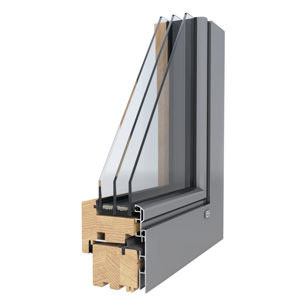 Querschnitt eines UNILUX Holz-Alu-Fensters aus der LivingLine Serie. Die halbflächenversetzte Optik zwischen dem Flügel und dem Rahmen auf der Außenseite verleiht diesem Fenster eine moderne und ästhetisch ansprechende Erscheinung. Die geschickte Verbindung von Holz und Aluminium bietet nicht nur eine Wärme, sondern auch eine widerstandsfähige äußere Hülle.