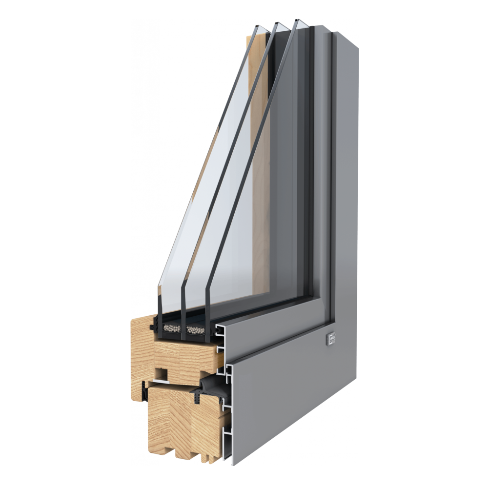 Querschnitt eines UNILUX Holz-Aluminium-Fensters ModernLine. Die flächenversetzte Optik zwischen Flügel und Rahmen verleiht dem Fenster ein modernes und ästhetisch ansprechendes Erscheinungsbild. Die Kombination von Holz und Aluminium bietet sowohl eine natürliche, warme Note als auch eine robuste, wetterbeständige äußere Schicht.