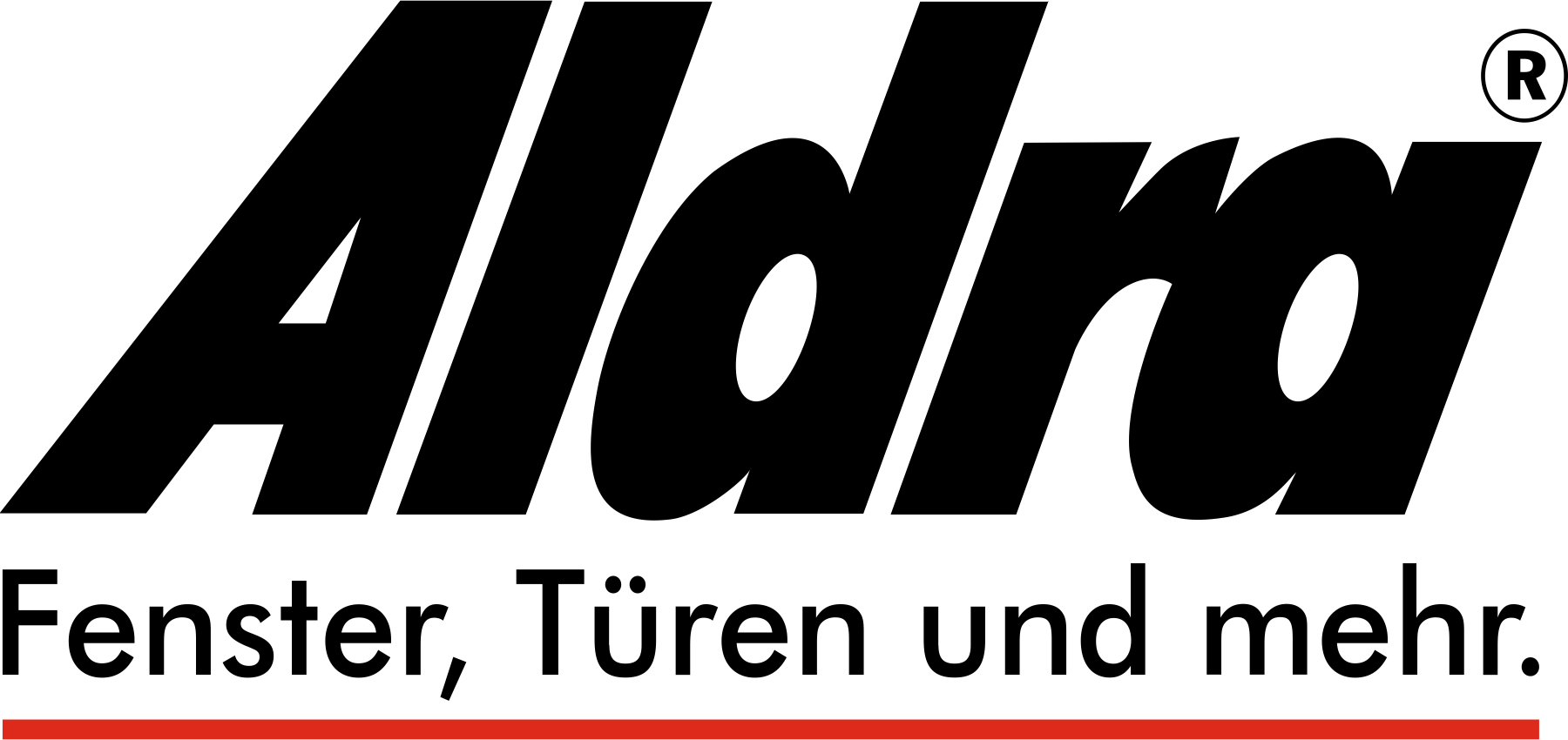 Das Aldra Logo in schwarzer Schrift und dem Slogan Fenster, Türen und mehr. Aldra ist ein weitererLieferant für Holzfenster und Holz-Aluminium-Fenster von Rolladen Kessler.