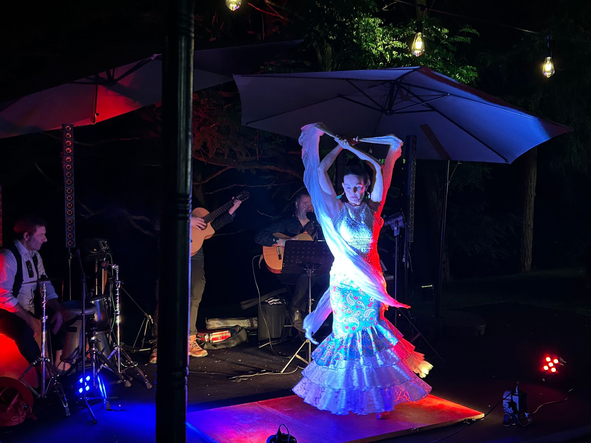 Eine Tänzerin in einem bunten, spanischen Kleid führt einen spanischen Tanz auf. Sie wird von verschiedenen Lichtern angestrahlt.