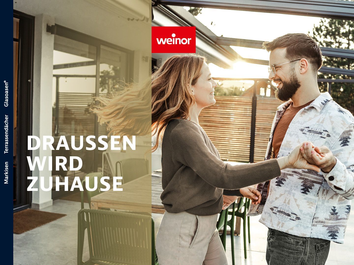 DRAUSSENWELT_Terrassendach Eine junge Frau und ein junger Mann tanzen unter Ihrem Terrassendach von weinor.