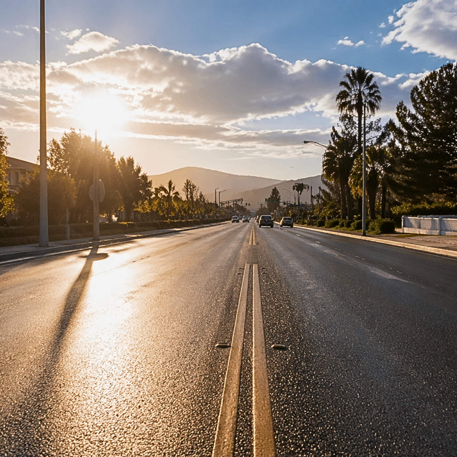 Test, ob Sonnenbrille polarisiert ist; Situation Straßenverkehr mit tiefstehender Sonne, gute Sicht mit Polarisierung