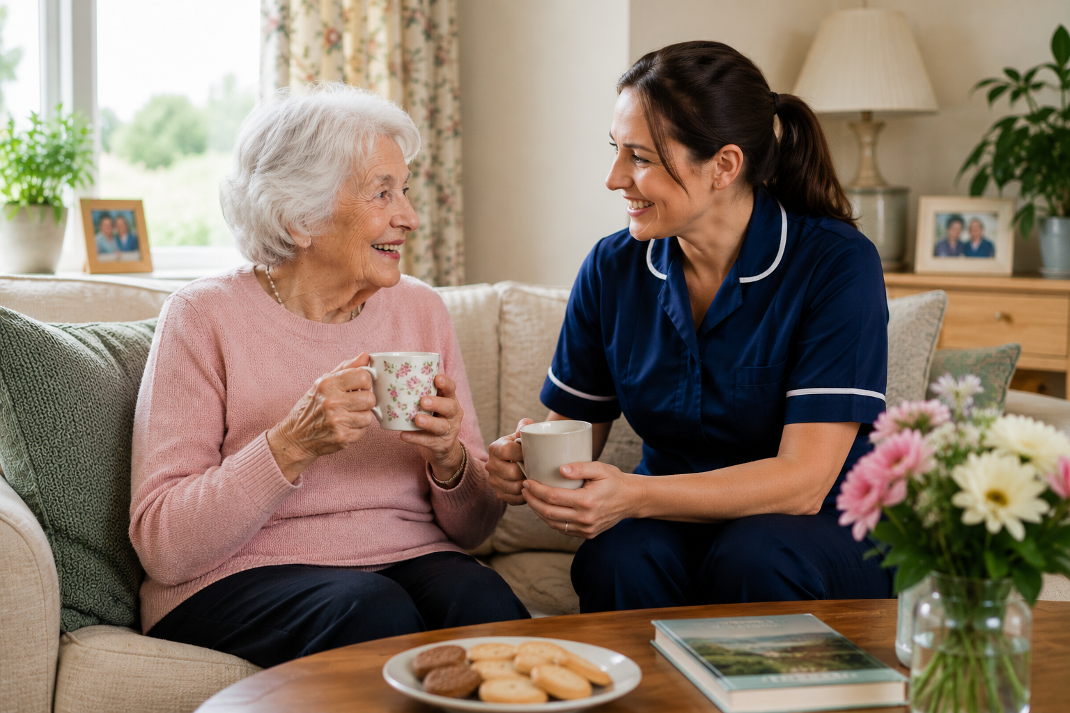 Friendly home care visit in Bromyard providing companionship and emotional support for an older adult