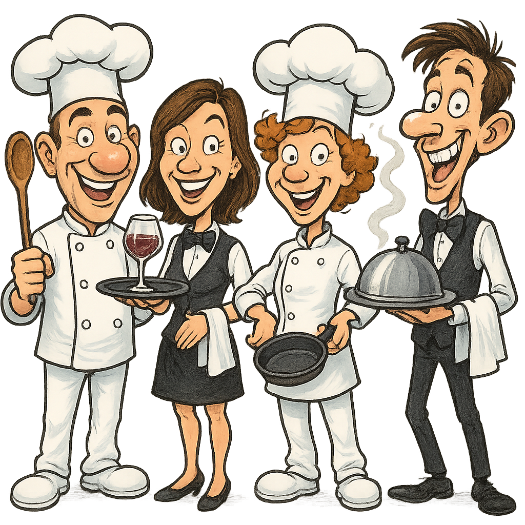 Humorvolle Karikatur mit Koch und Kellner – Teamgeist mit Augenzwinkern