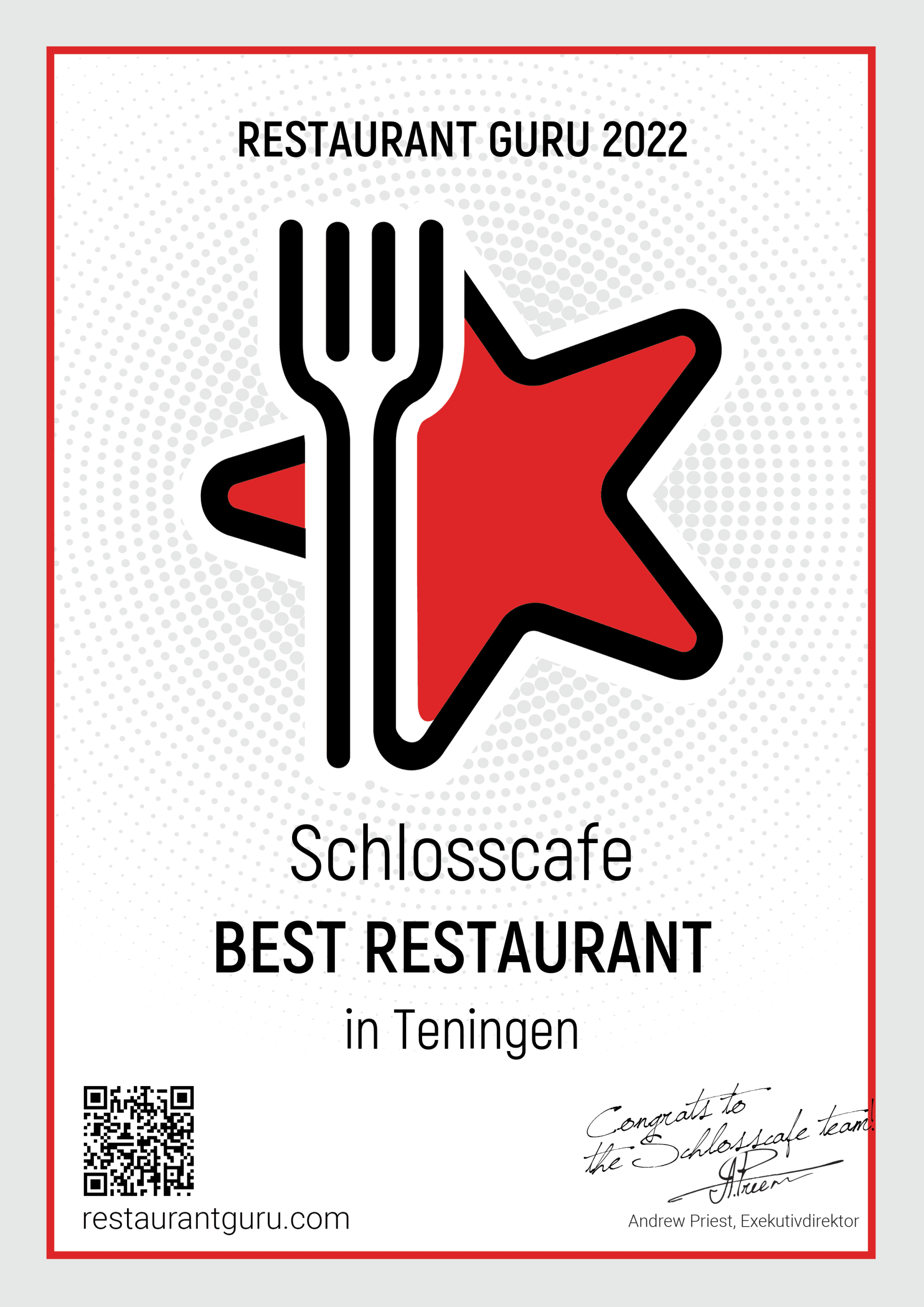Auszeichnung als bestes Restaurant in Teningen bei Restaurant Guru 2024 – Schlosscafe Heimbach stolz mit Urkunde