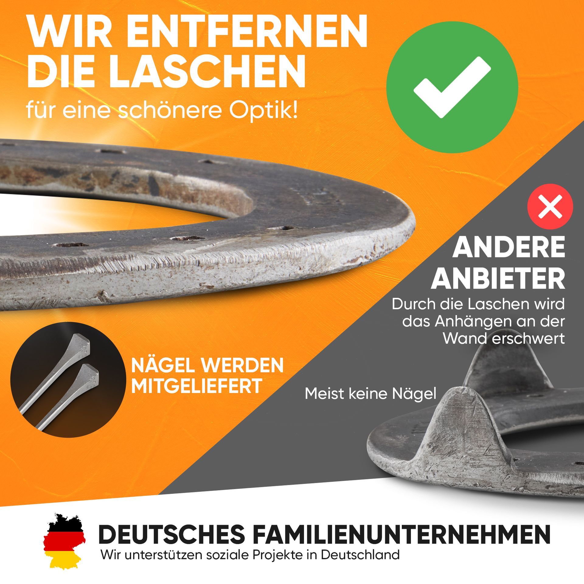 Auf diesem Foto wird gezeigt, das bei dem Hufeisen die Laschen bzw. die Ohren entfernt werden, damit es besser liegt oder an eine Wand angebracht werden kann.