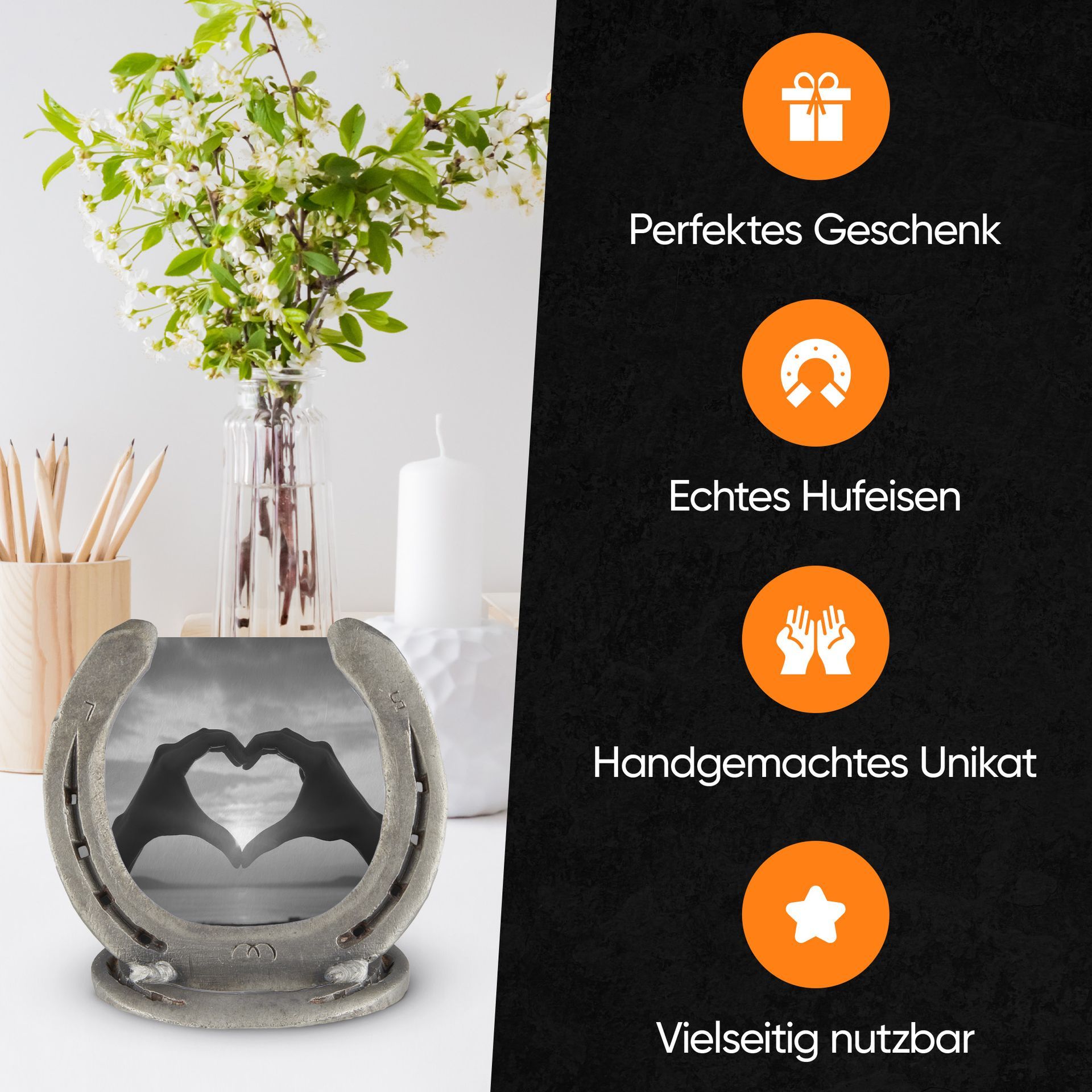 Auf einem weißen Tisch steht ein Bilderrahmen aus Hufeisen mit einem Bild wo zwei Hände ein Herz formen. Als Text steht Perfektes Geschenk, echtes Hufeisen, Handgemachtes Unikat, vielseitig nutzbar.