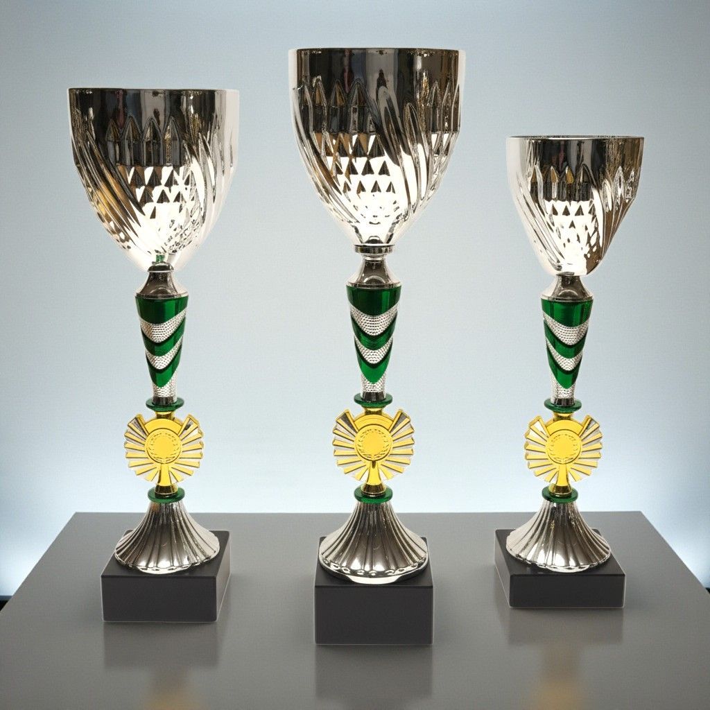 Pokal 3er Serie in Silber und Grün mit goldfarbenen Emblemträger, Sportpokal aus Metal, Kunstsoff & Marmor