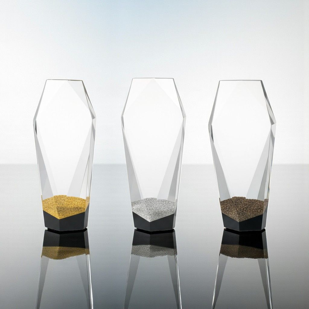 Glastrophäe mit Gold Silber & Bronze