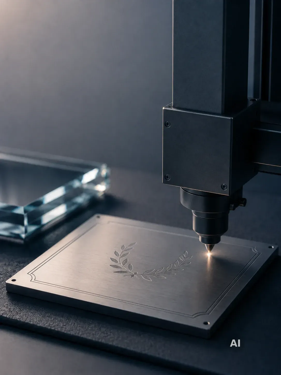 Moderne Lasergravur auf einer Metallplakette für Pokale und Auszeichnungen.
