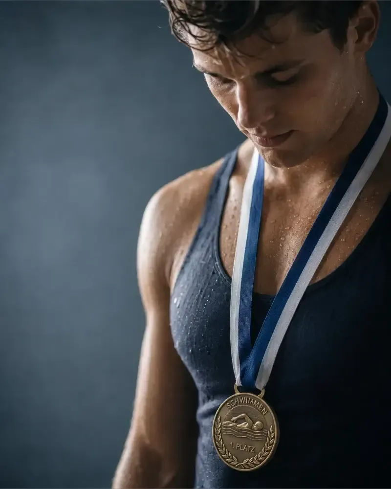Ein stolzer Schwimmer mit einer gravierten Goldmedaille für den 1. Platz bei einem Sport-Event in der Steiermark.