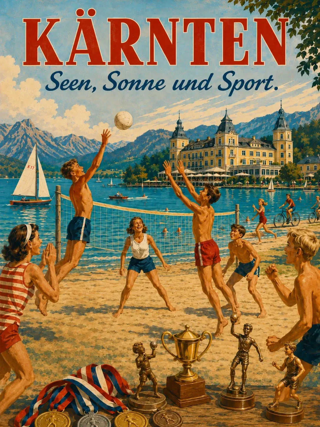 Vintage-Illustration von Kärnten mit Schlosshotel Velden, Beachvolleyball am Wörthersee sowie Medaillen, Kinderpokalen und Sportfiguren für Nachwuchs- und Schulsportbewerbe.