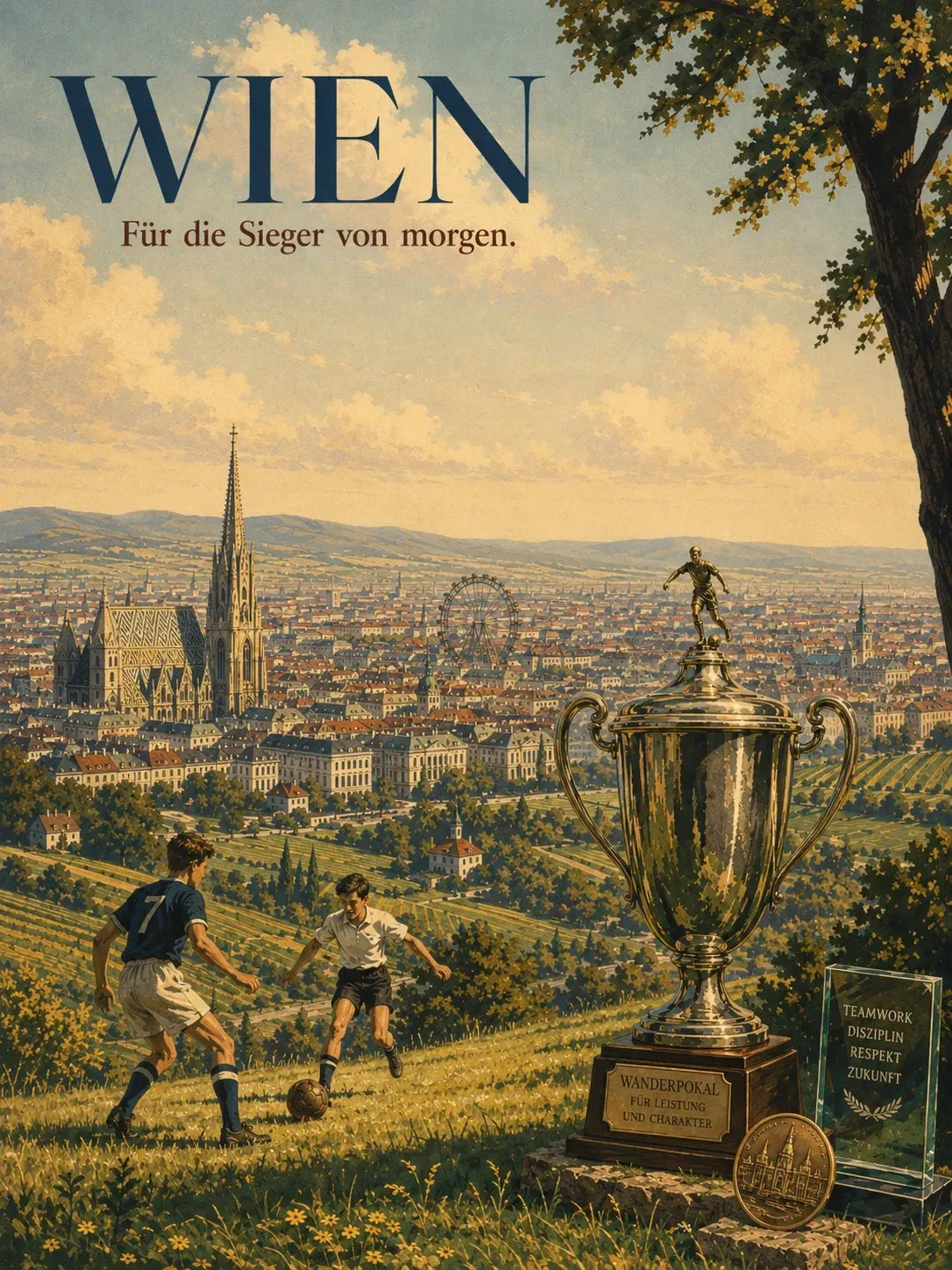 Vintage-Illustration von Wien mit Fußball spielenden Jugendlichen, großem Wanderpokal und modernen Awards als Symbol für langfristige Ehrungen und die Sieger von morgen.