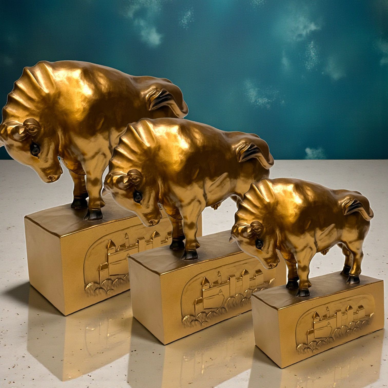 Bronzegoldene Stier-Trophäe aus Resin auf Sockel – Salzburger Stier Bronze Edition mit festung hohensalzburg am sockel