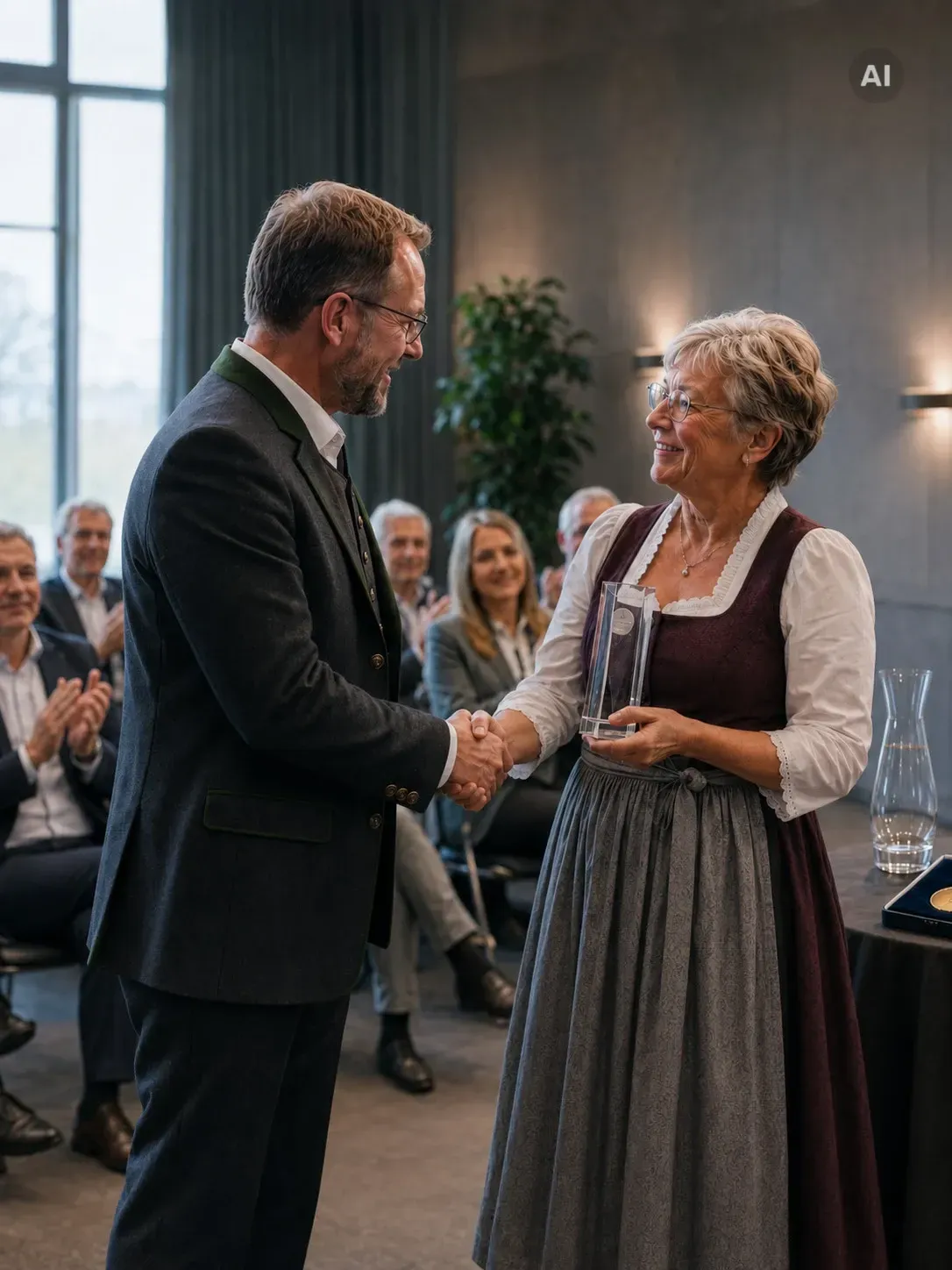 Salzburger Bürgermeister in Trachtenanzug überreicht einer Frau im modernen Dirndl ein hochwertiges Ehrengeschenk bei einer feierlichen Auszeichnung.