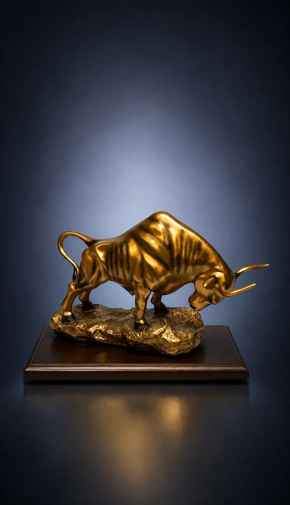Dynamisch dargestellter goldener Stier auf strukturierter Bodenplatte und dunklem Holzsockel.
