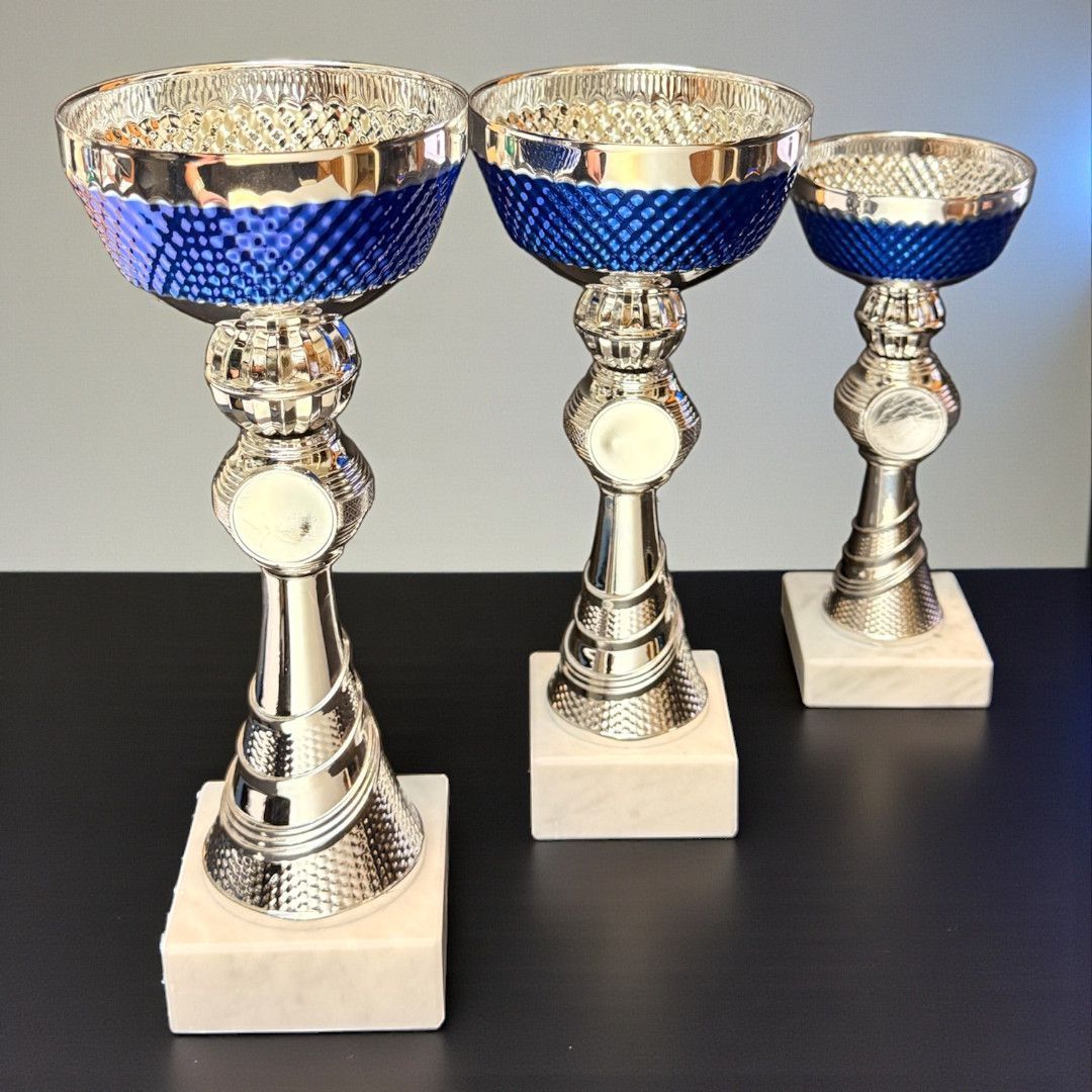 Silber-blauer Pokal mit emblemträger und Marmorsockel