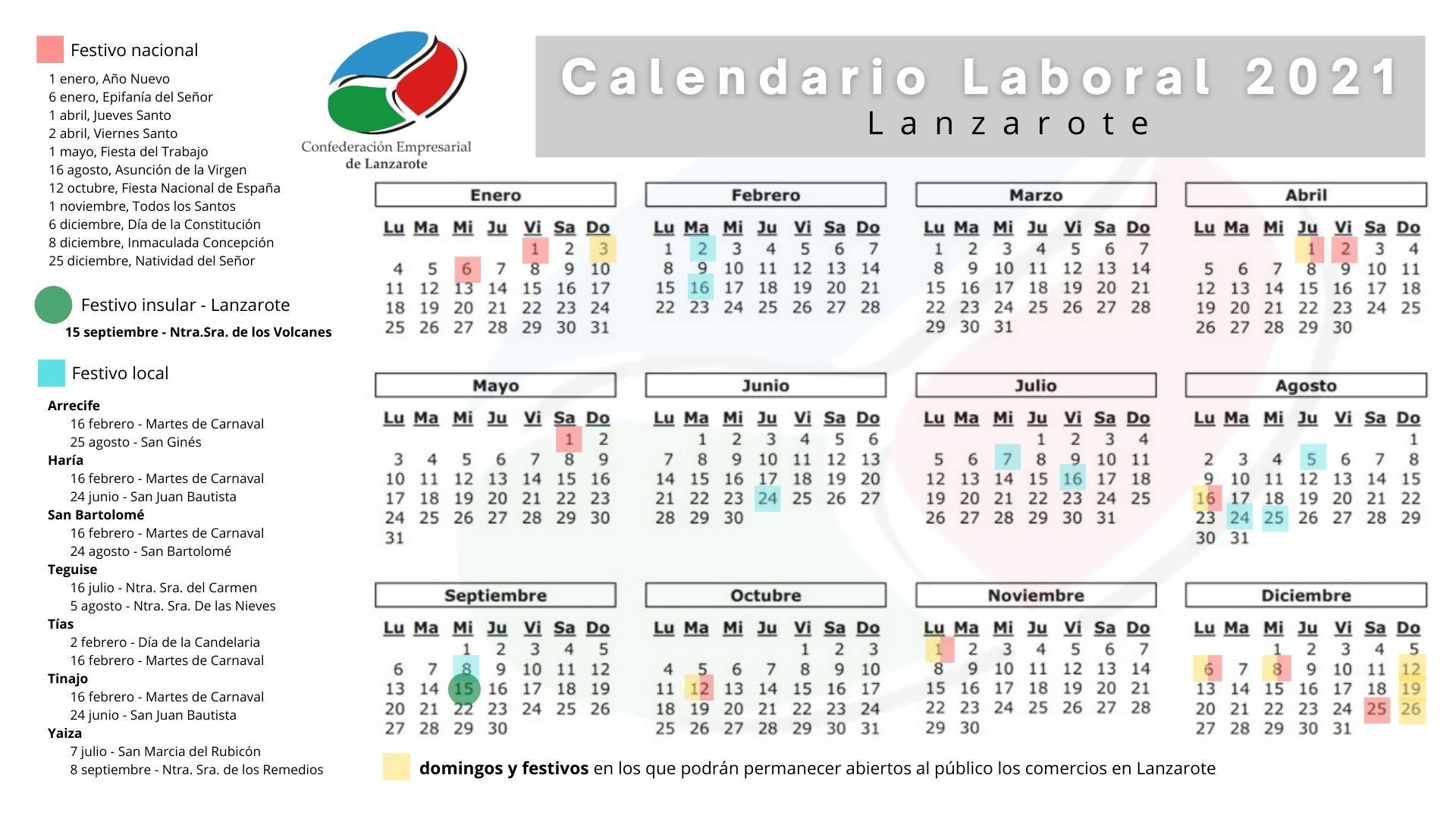 Calendario Laboral 2021 de Lanzarote en formato visual.