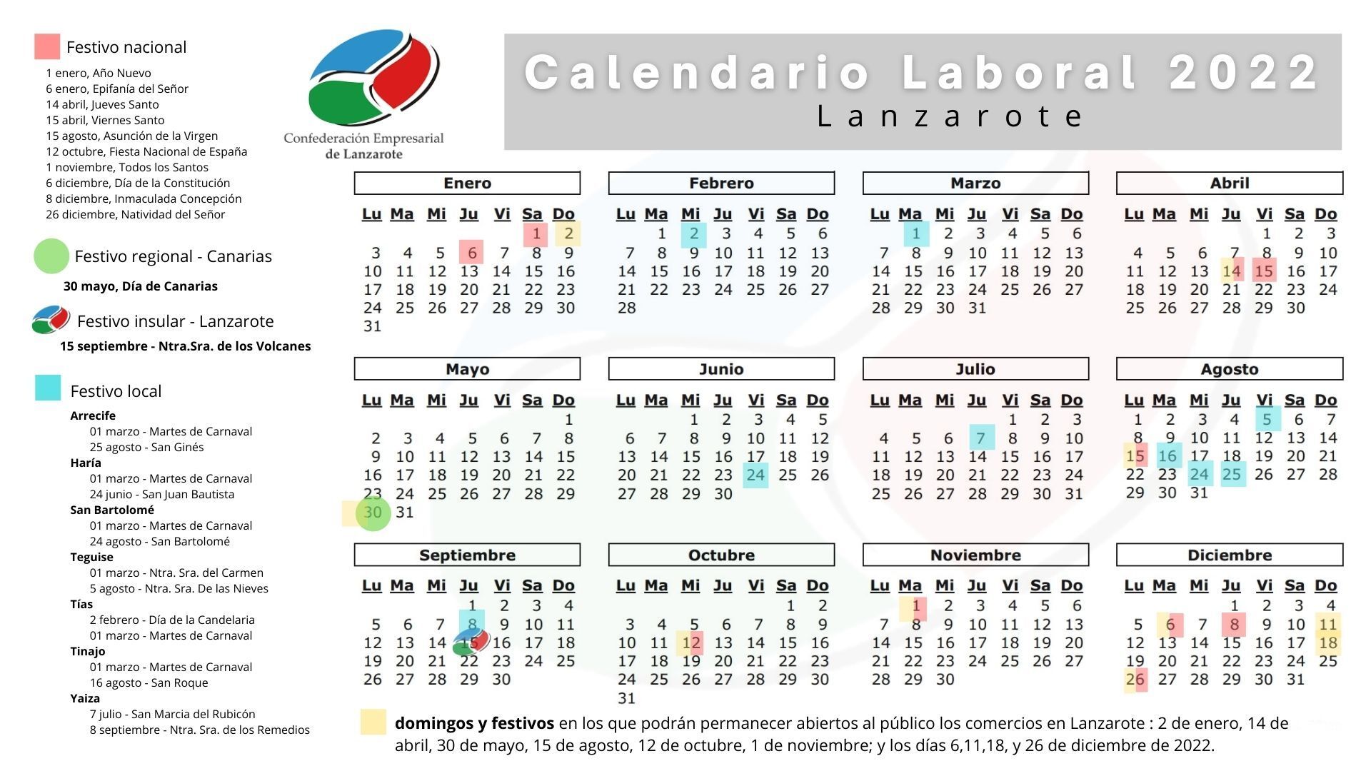 Calendario Laboral 2021 de Lanzarote en formato visual.