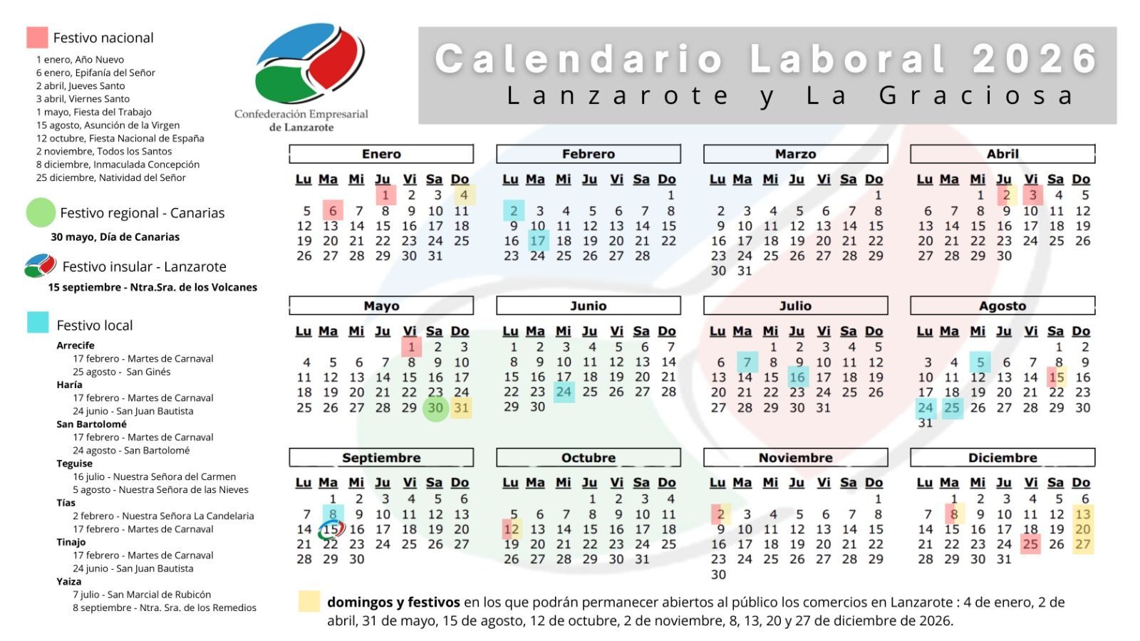 Calendario Laboral 2026 para Lanzarote y La Graciosa Consulta el Calendario Laboral 2026 para Lanzarote y La Graciosa