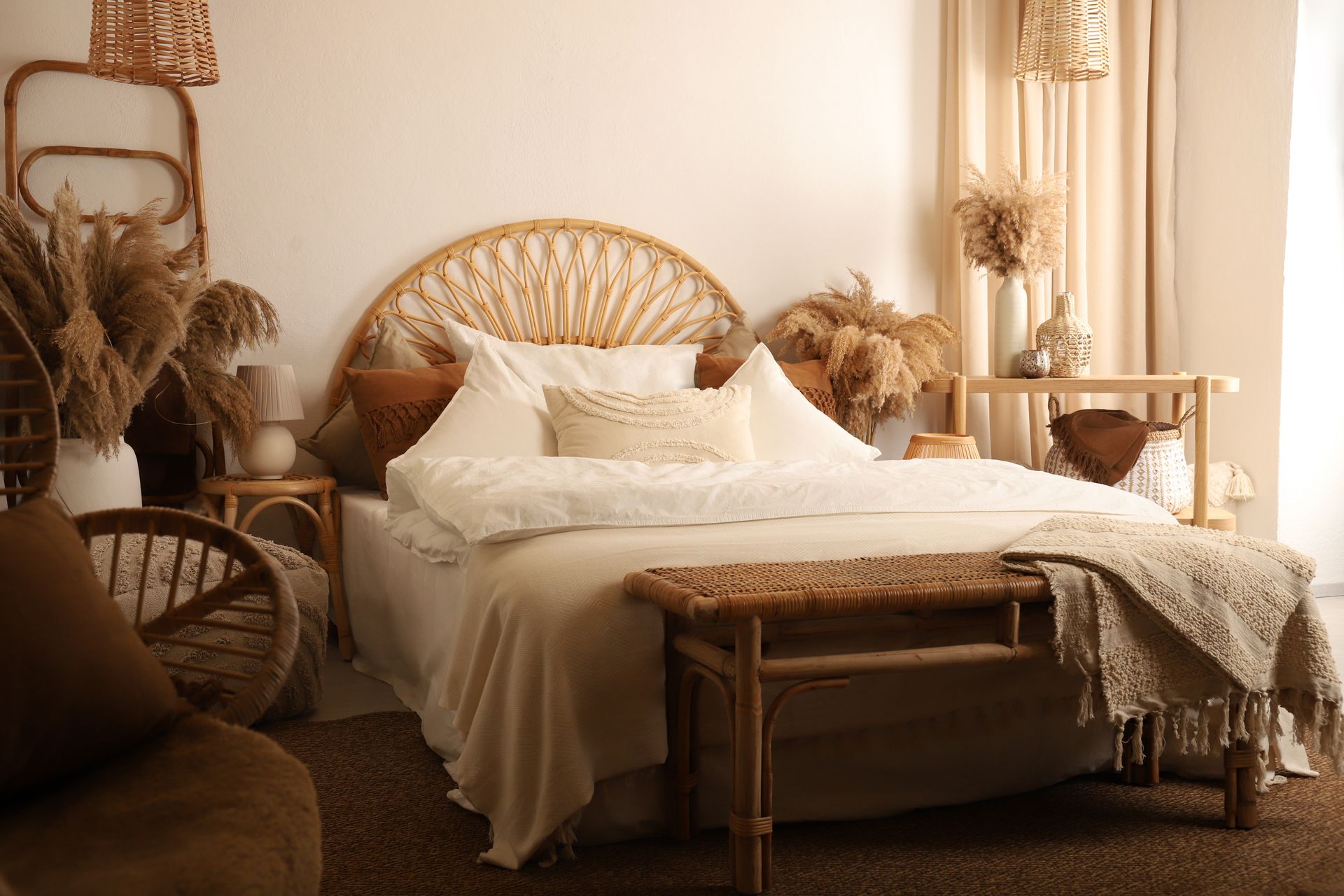 Boho-Rattan Bett Das Bild zeigt ein Bett aus Rattan mit weißer Bettwäsche und braunen Kissen als Akzenten, sowie beigen Decken. Drumherum ist alles in braun, beige und weiß dekoriert. Ebenso ist eine Bank aus Rattan vor dem Bett zu sehen, sowie Deko Tische aus Holz und Rattan und Körben als Dekoration