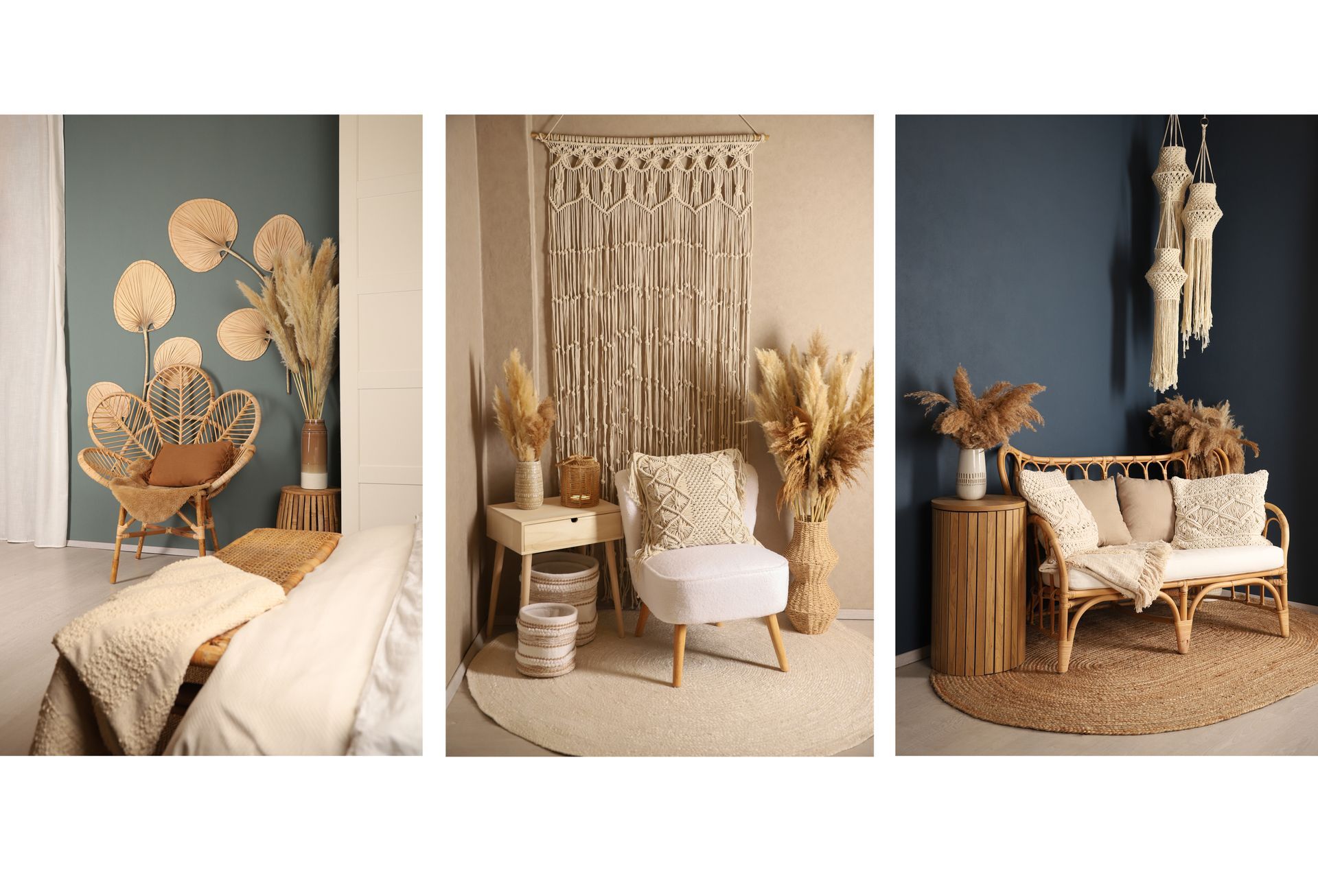 Boho-Stil Hintergründe Das Bild zeigt drei verschiedene Fotosets im Boho-Stil vor verschiedenfarbigen Hintergründen. Links ist ein Rattansessel vor einem mintgrünen Hintergrund, der mit braunen fächerartigen Blättern dekoriert ist. Auf einem Beistelltisch steht eine Vase mit Pampasgras daneben.
Das Bild in der Mitte zeigt einen weißen Sessel neben einem Beistelltisch aus Holz, der mit Pampasgras und Körben dekoriert ist. Auf dem Sessel liegt ein Kissen im Makramee-Stil, auf dem beigen Hintergrund hängt ein großes, horizontales Makramee. auf der rechten Seite des Sessels steht Pampasgras in einer Rattanvase.
Das Rechte Bild zeigt ein Rattansofa dekoriert mit Beigen Kissen im Boho-Stil vor einem Dunkelblauen Hintergrund an dem 3 Makrameelampen herunterhängen. Auf der Linken des Sofas steht ein eichefarbener Säulentisch auf dem eine Vase mit Pampasgras steht. Rechtsseitig hinter dem Sofa ist ebenfalls Pampasgras zu sehen. Unter dem Sofa liegt ein hellbrauner, ovaler Teppich.