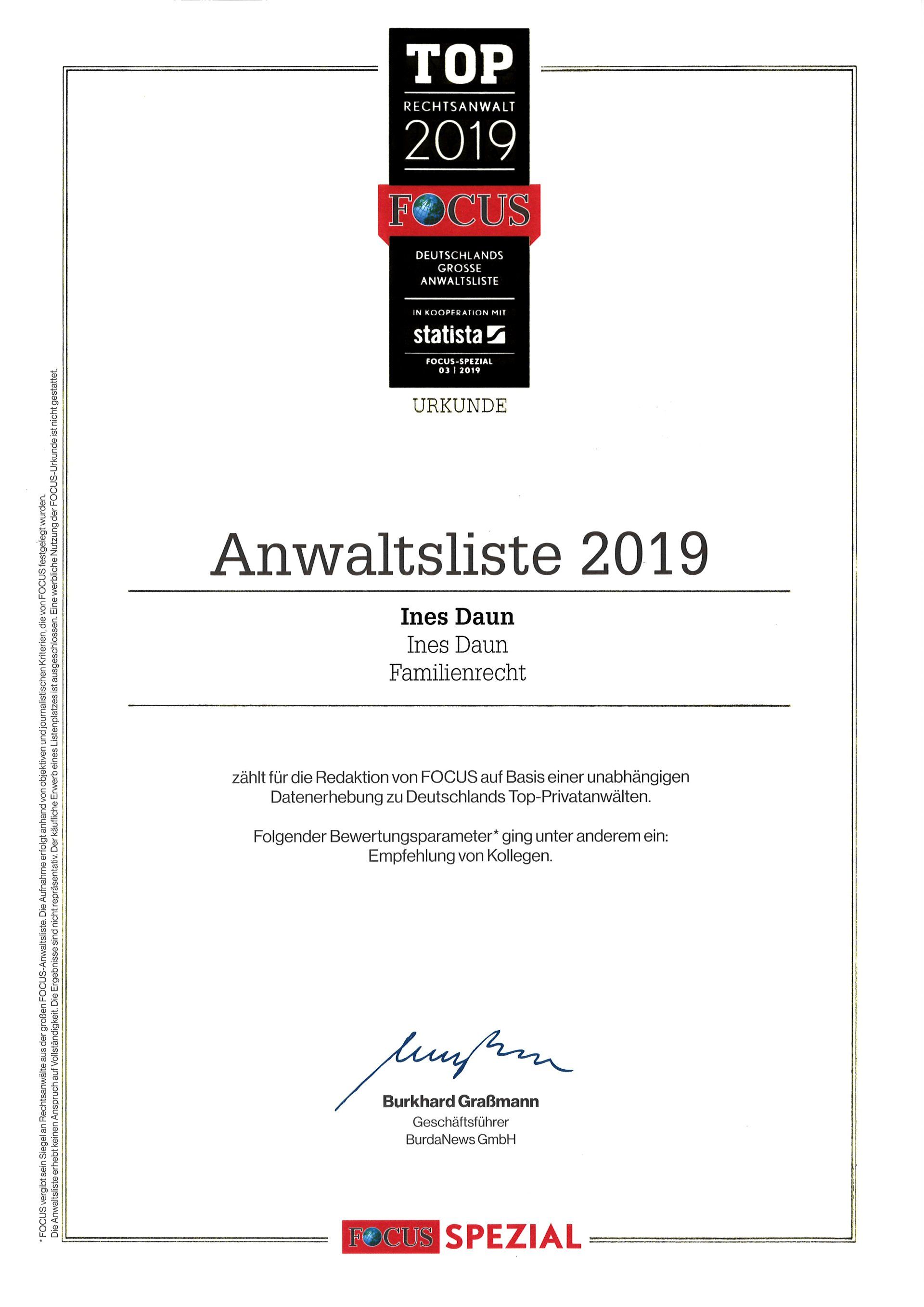 Focus-Urkunde Ines Daun 2019