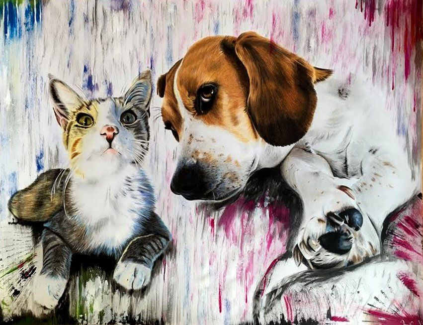 Retrato de mascotas con una combinación perfecta de polychromos y acrílicos Retrato de un Beagle llamado Camilla y un gato llamado Merlin
