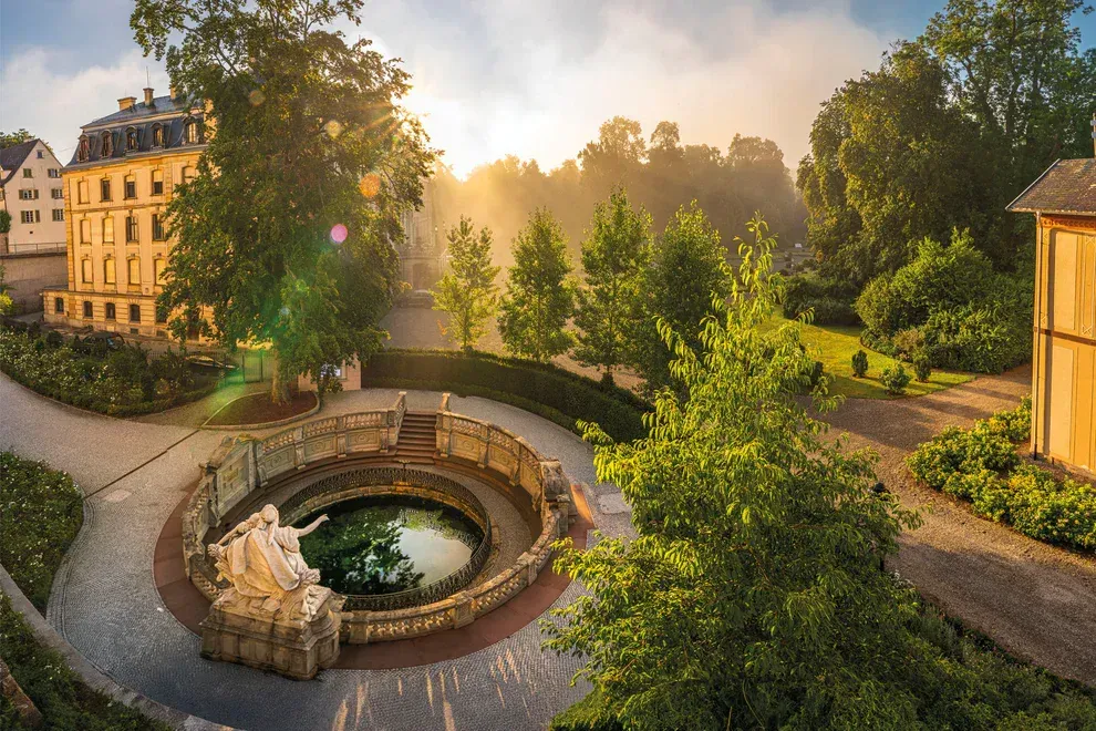 Donauquelle in Donaueschingen bei Sonnenaufgang