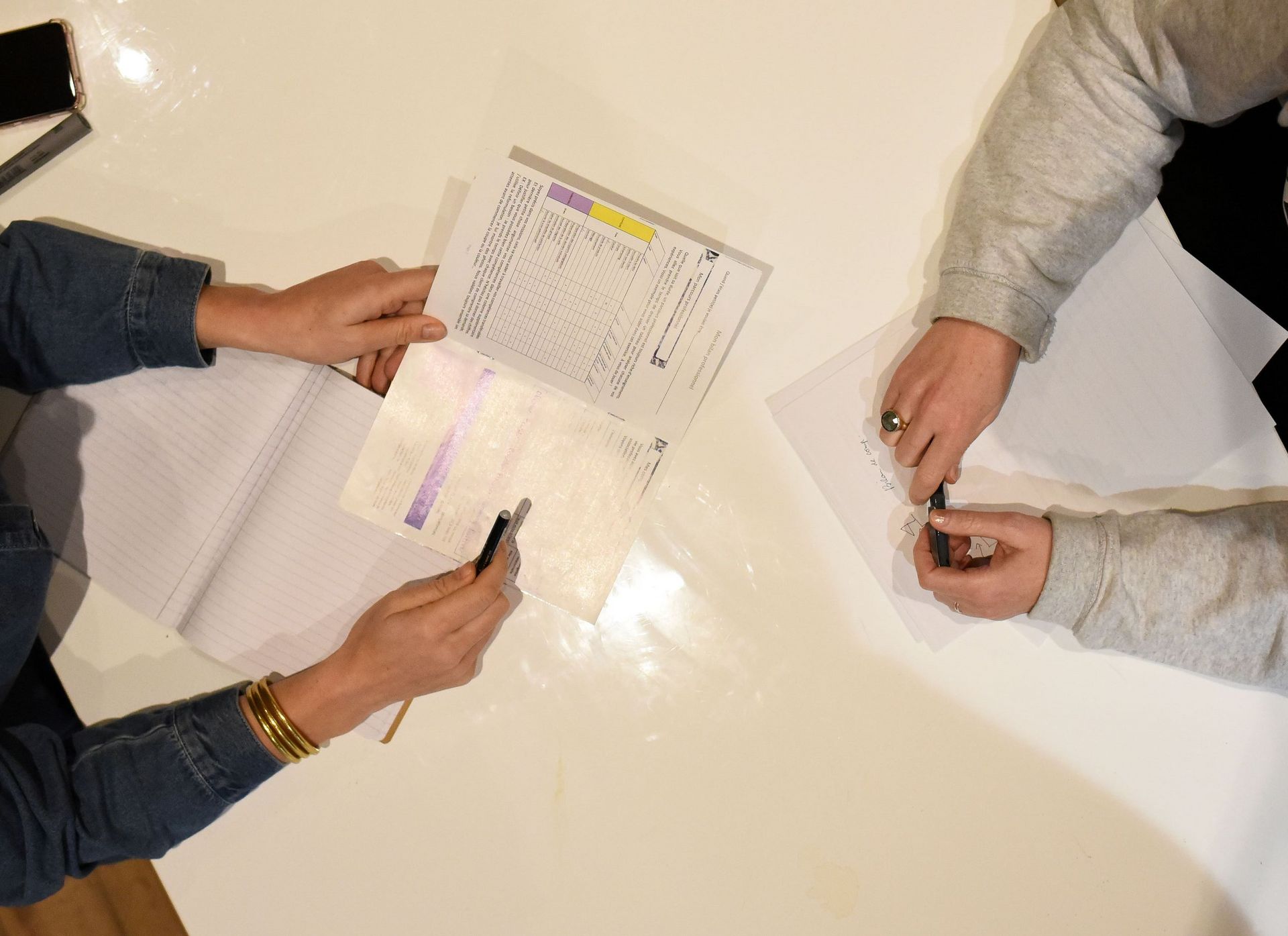 Une photo prise du haut où l'on voit les bras de deux personnes qui travaillent sur un bureau.
