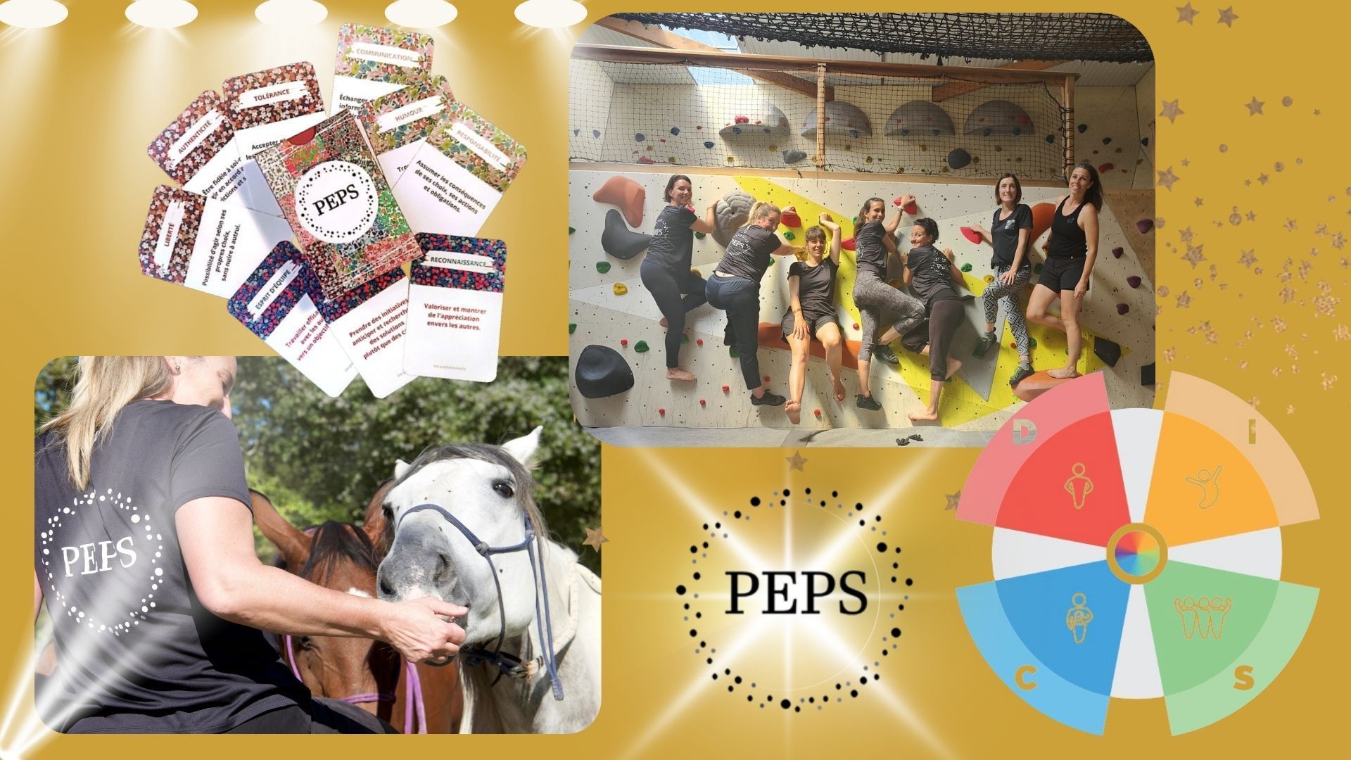 C'est un montage photo où l'on a une photo de mon jeu de cartes PEPS, Marie qui porte le t-shirt de PEPS et qui est avec ses deux chevaux trop beaux, et enfant la petite équipe de PEPS qui fait de l'escalade. On y trouve aussi le DISC en couleur.