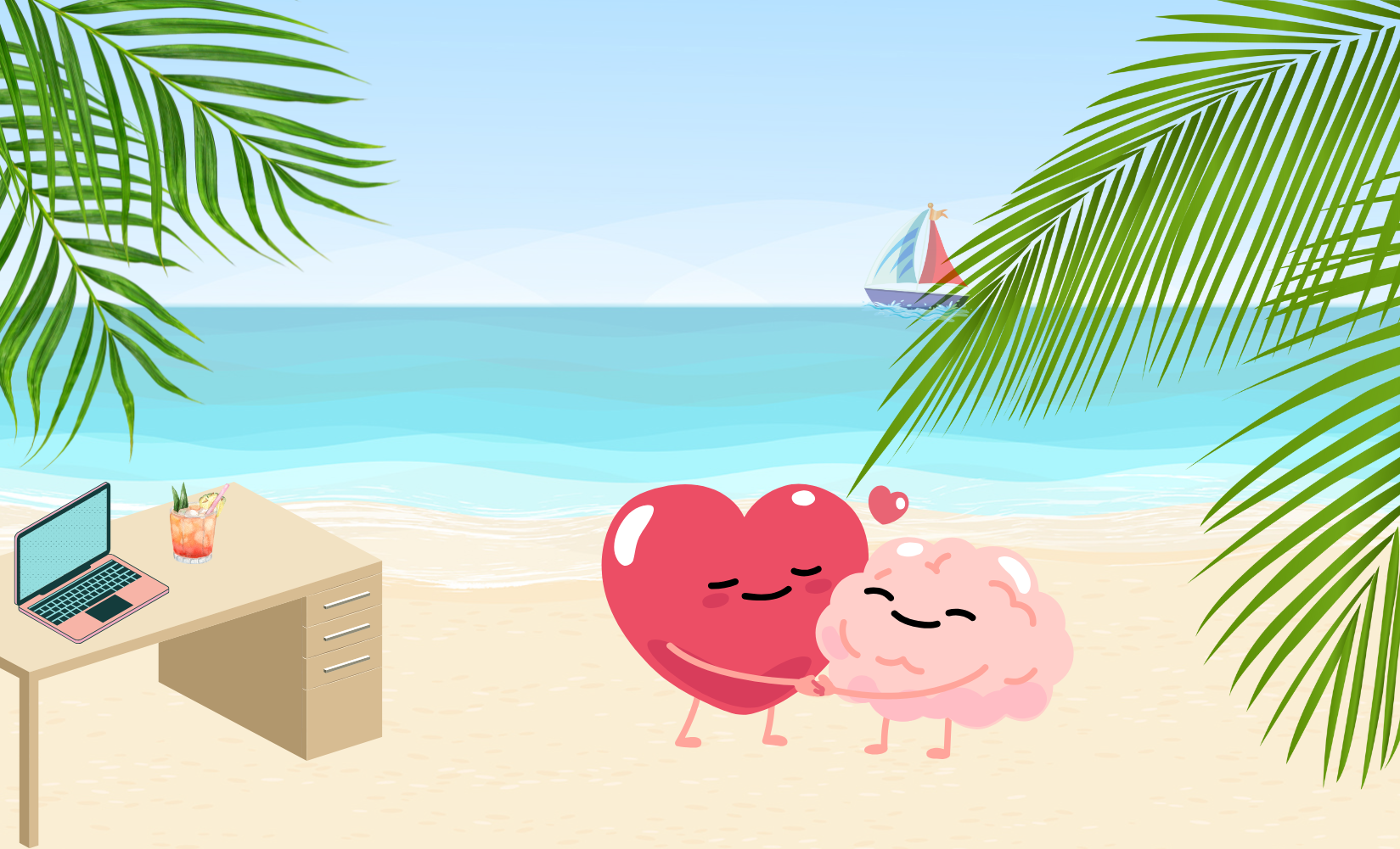 Un montage qui représente la mer, les palmiers mais avec un bureau pour travailler. Cela symbolise un peu le rêve du salarié. Et sur la plage il y a un coeur qui sert dans ses bras un petit cerveau. Cela représente la qualité de vie au travail. On peut faire travailler ses neurones dans un cadre agréable.