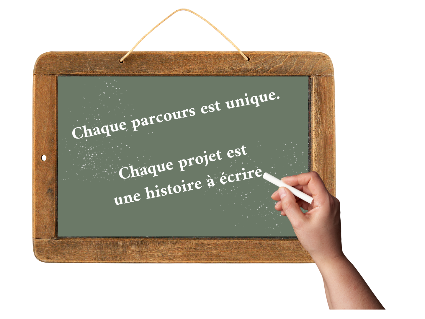 une ardoise : quelqu'un est en train d'écrire à la craie dessus. Il est noté que chaque parcours est unique et que chaque projet est une histoire à écrire.