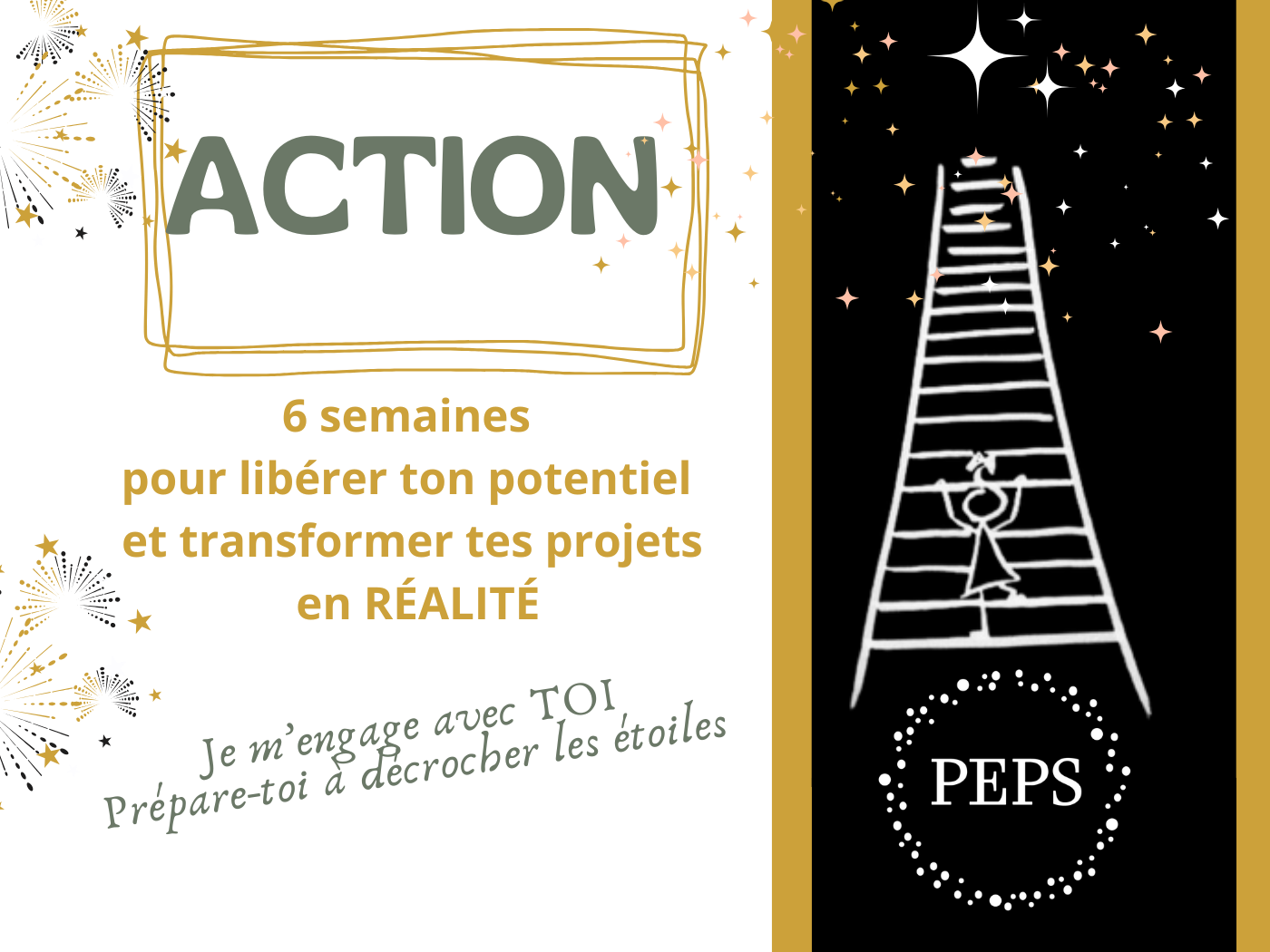 C'est une photo du programme action que j'ai monté. On retrouve sur la gauche en très gros le mot action. En dessous c'est noté que le programme dure 6 semaines. Sur la droite il y a une échelle de dessiné avec un bonhomme qui monte et au sommet il y a des étoiles. L'idée c'est de montrer qu'avec ce programme on va décrocher les étoiles da sa nouvelle vie d'entrepreneur.