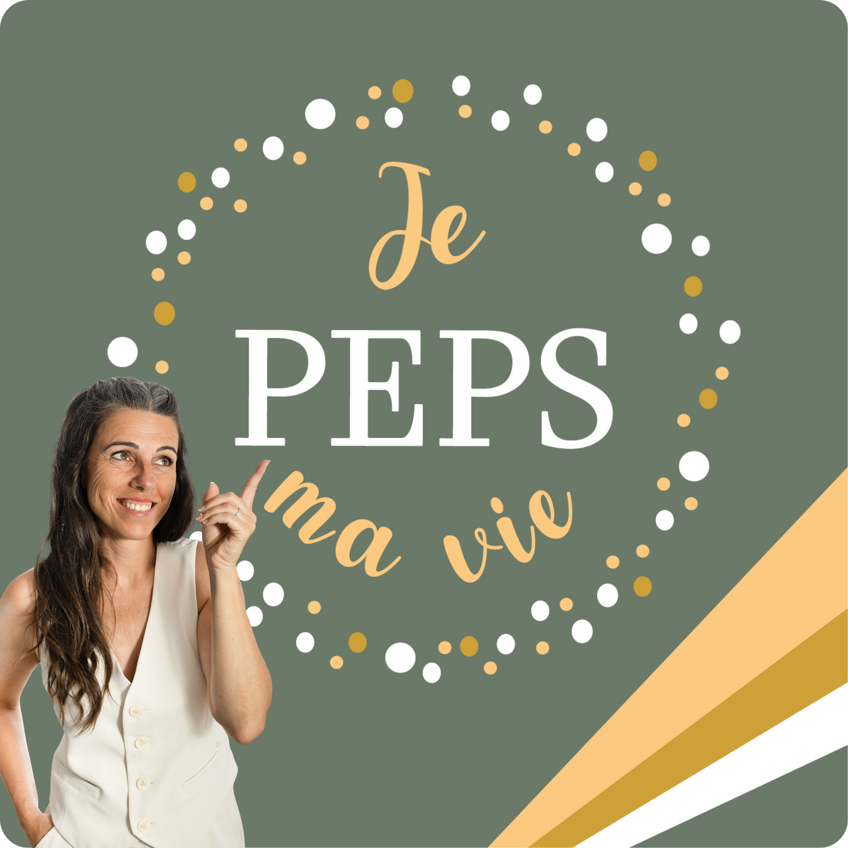 C'est la couverture de mon podcast. Il y a ma photo. Je suis brune (avec des cheveux blancs lol) aux cheveux longs. j'ai un tee-shirt blanc et je montre du doigts le logo de peps dans lequel est ajouté le titre de cette chaine de podcast : je peps ma vie. On y retrouve des traits de couleur saumon, beige et blanc pour donner de la dynamique à l'ensemble.