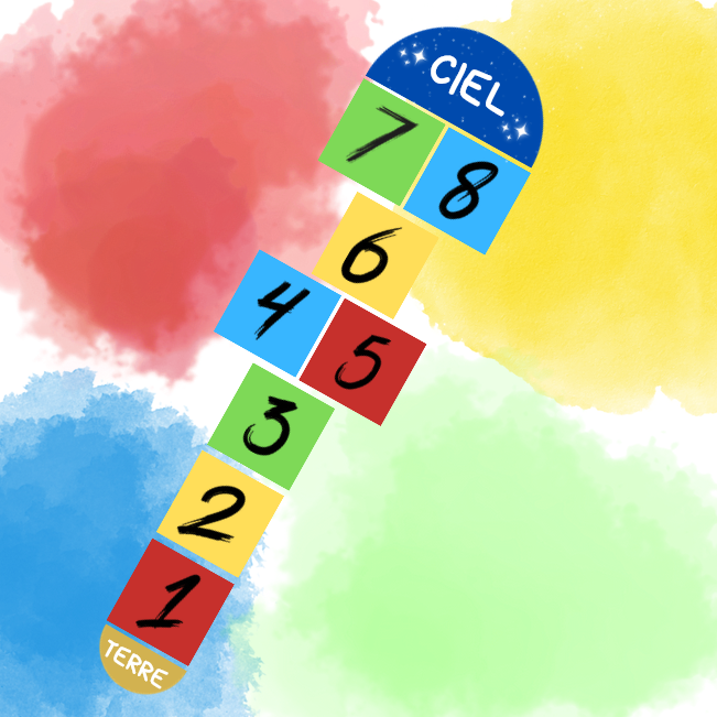 un jeu de marelle qui reprend les 4 couleurs du disc : rouge, jaune, vert et bleu