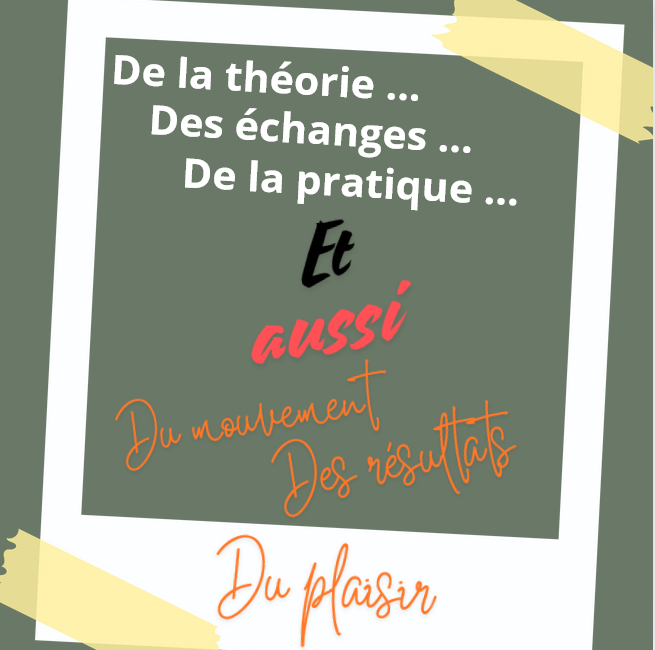 un montage qui affiche une photo polaroïd accrochée par du scotch. Dessus un slogan : théories, échanges pratique mais aussi du mouvement, des résultats et du plaisir