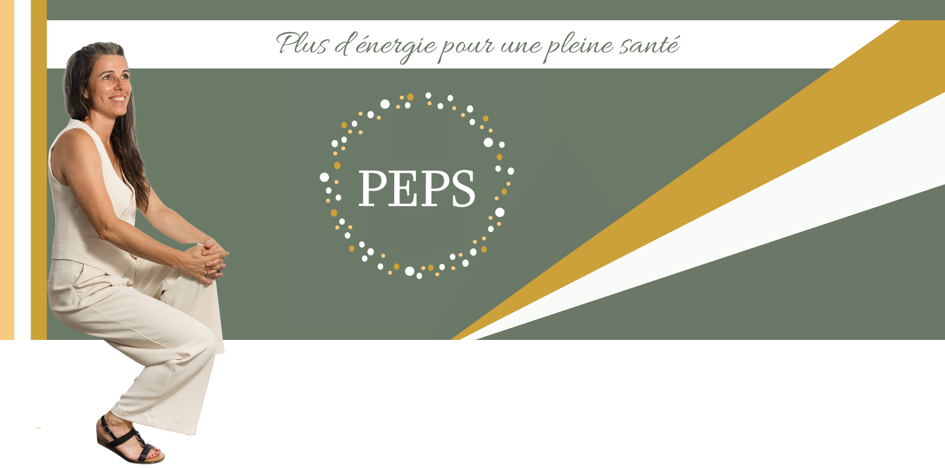 Une femme assise, sereine qui regarde droit devant elle: le logo de l'entreprise PEPS. Le slogan plus d'énergie pour une pleine santé est noté en haut du bandeau. Au milieu on retrouve le logo PEPS qui est un cercle de petites bulles aux couleurs vives donnant cette énergie positive et attractive.