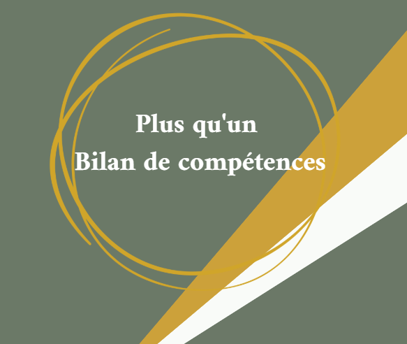 Un fond vert avec des traits beige et blanc qui donnent de la dynamique. Dessus il est noté que c'est plus qu'un bilan de compétences.