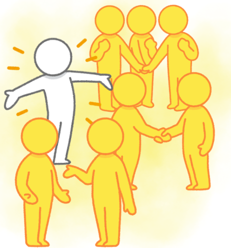 un montage photo représentant 7 bonhommes de couleur jaunes et un blanc que l'on voit très bien