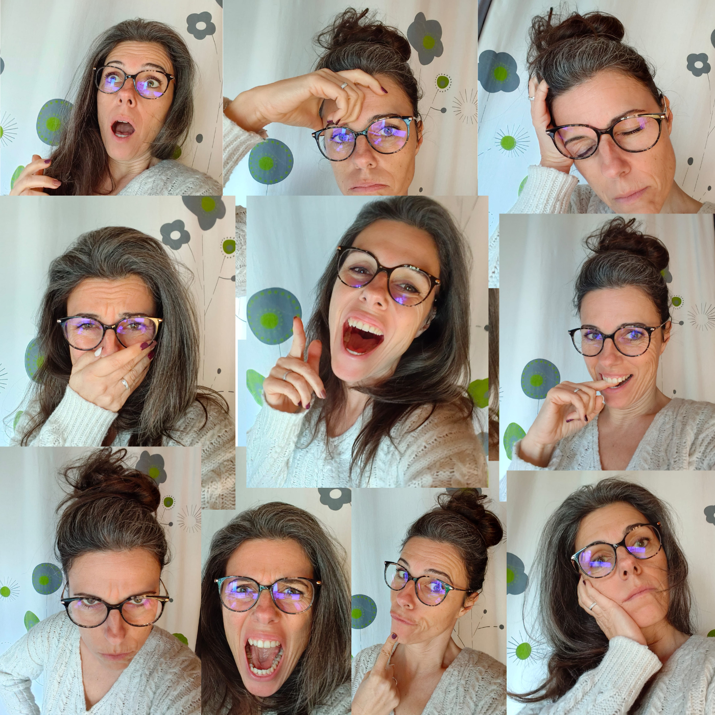 Il y a 9 photos de la directrice de PEPS qui symbolisent chacune une émotion différente : joie, colère, ennui, peur...