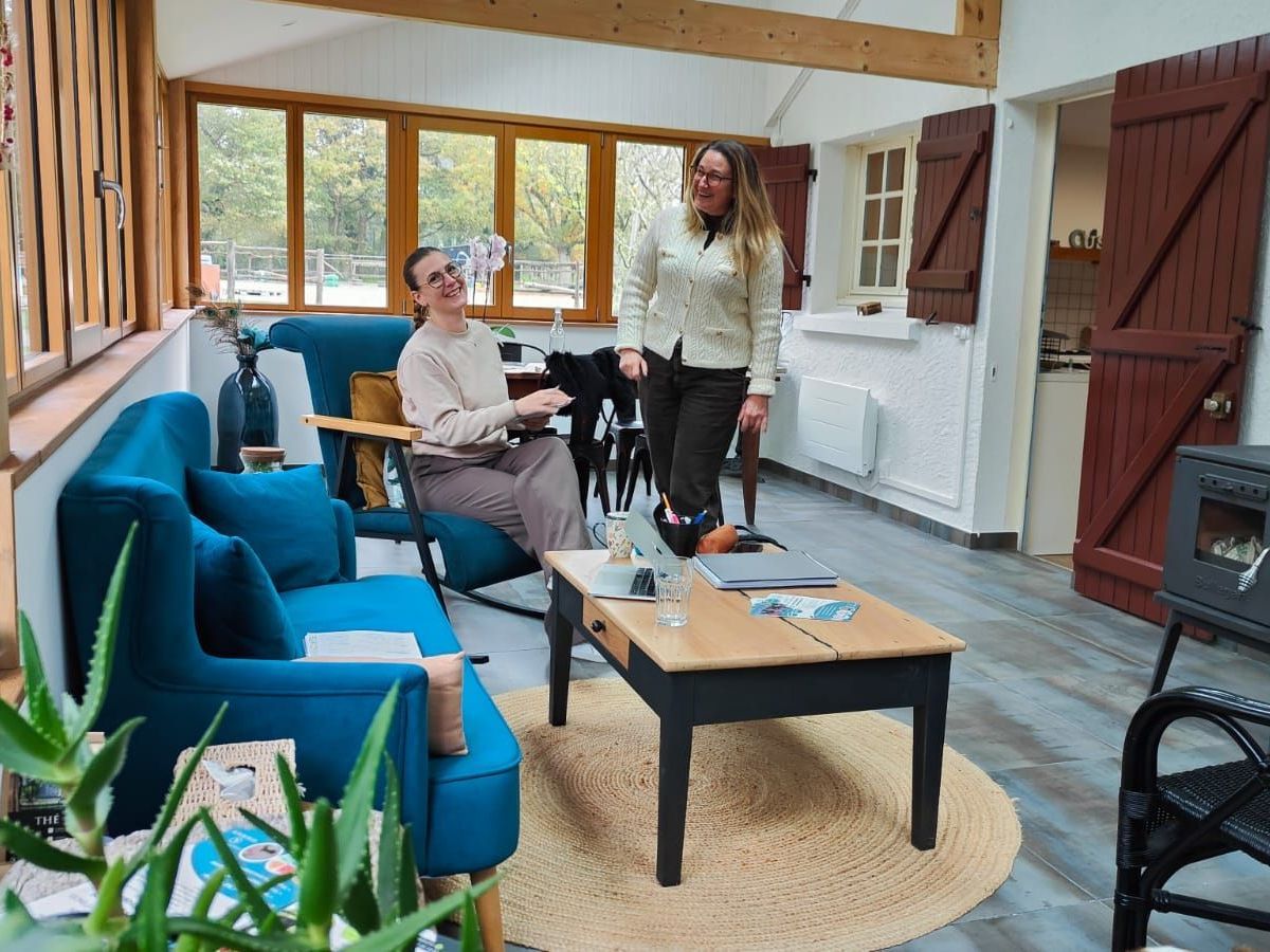 C'est le bureau chez Marie. Une véranda trop belle et chaleureuse. Des plantes, des fauteuils bleus, un poële, une table basse.