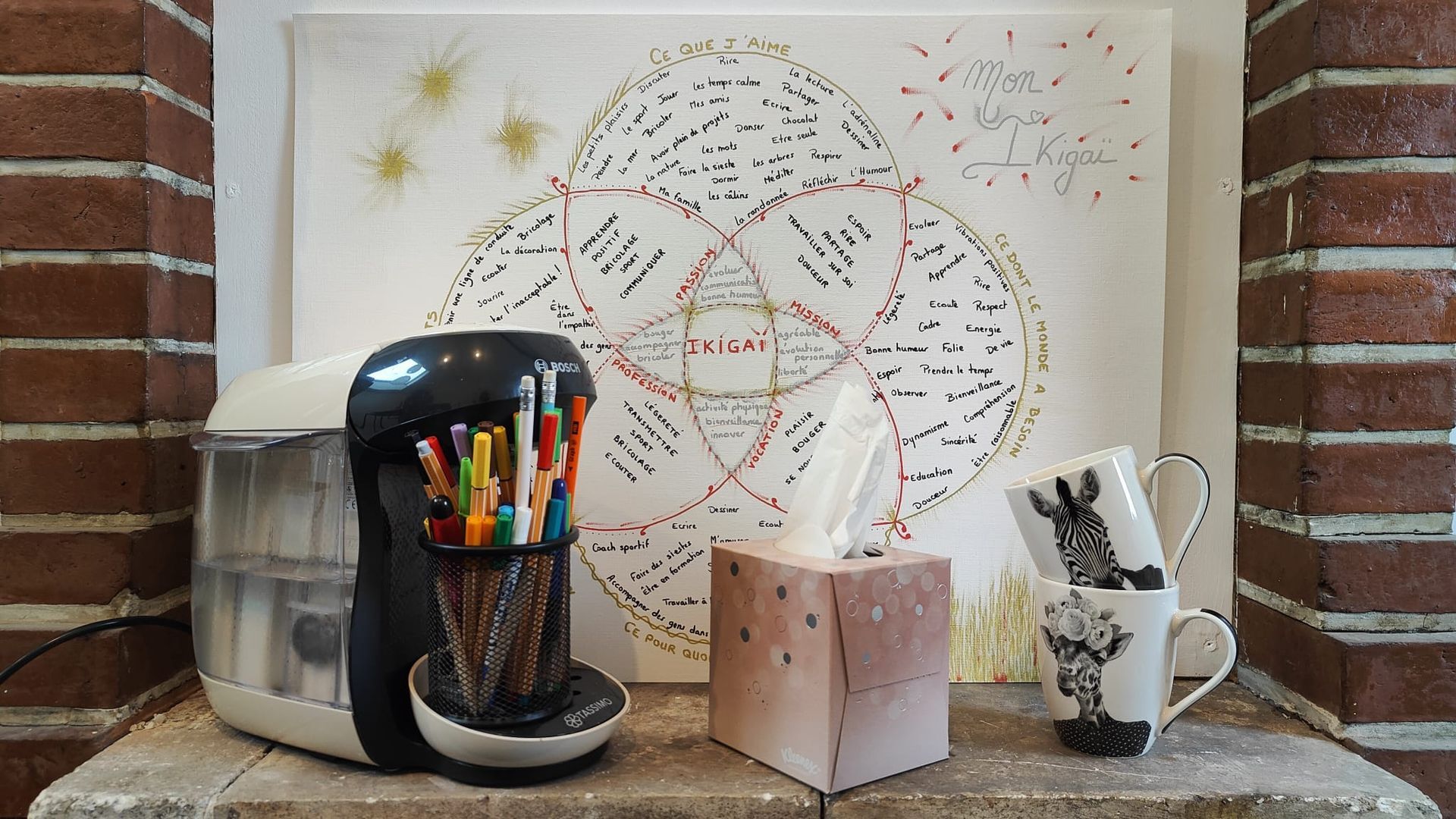 c'est une photo de l'intérieur d'une cheminée où l'on retrouve une cafetière avec un pot à crayons en guise de tasse. il y a aussi une boite de mouchoirs, deux tasses avec un zèbre et une girafe. En fond il y a le dessin de mon ikigaï
