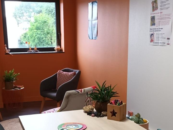 Le bureau de Céline à la Montagne. Il est chaleureux avec cette couleur un peu orangée voir rouille. Un espace petit salon lui donne du charme avec des plantes et de la lumière.