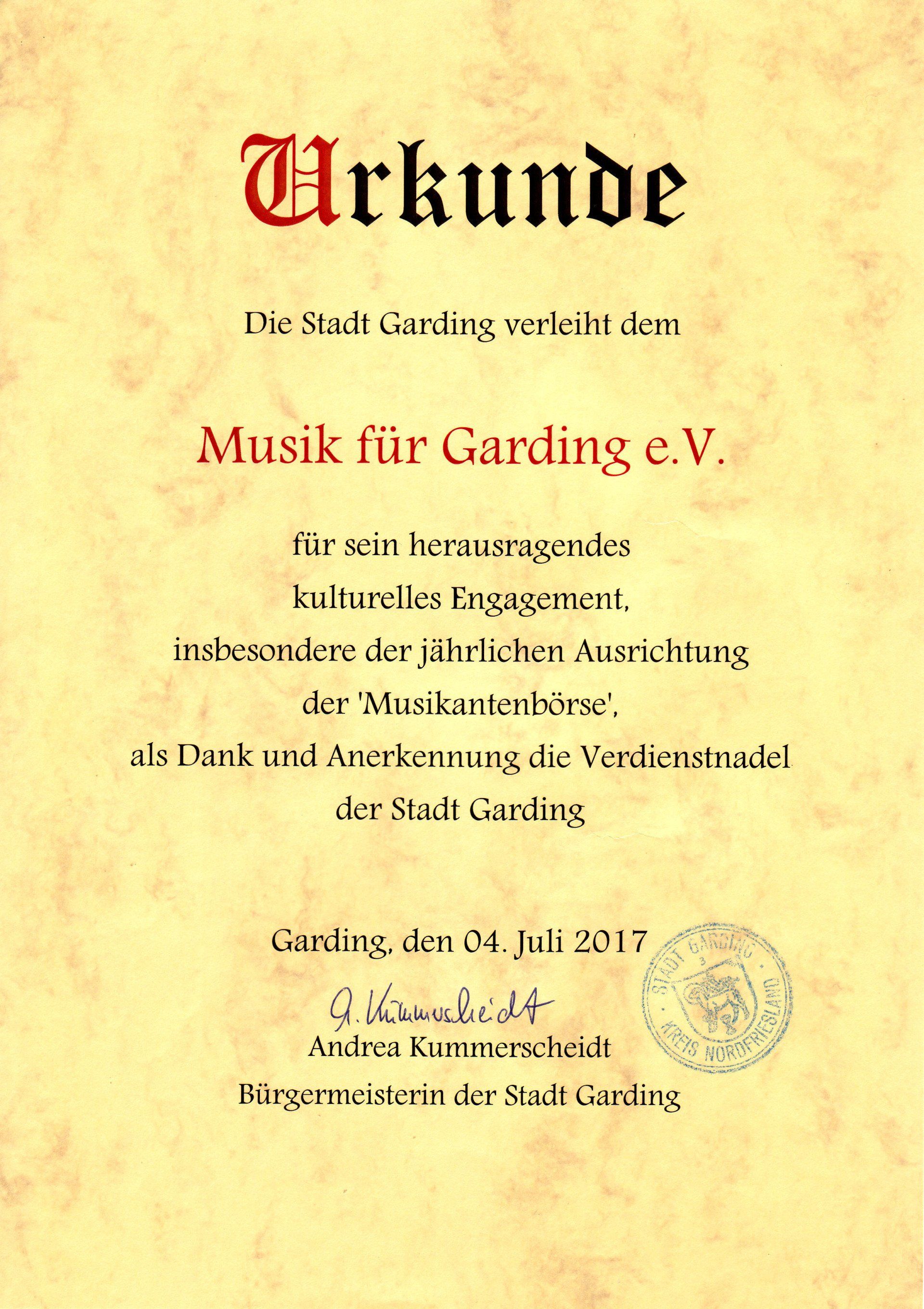 Urkunde, Musik für Garding, Eiderstedt, St. Peter-Ording